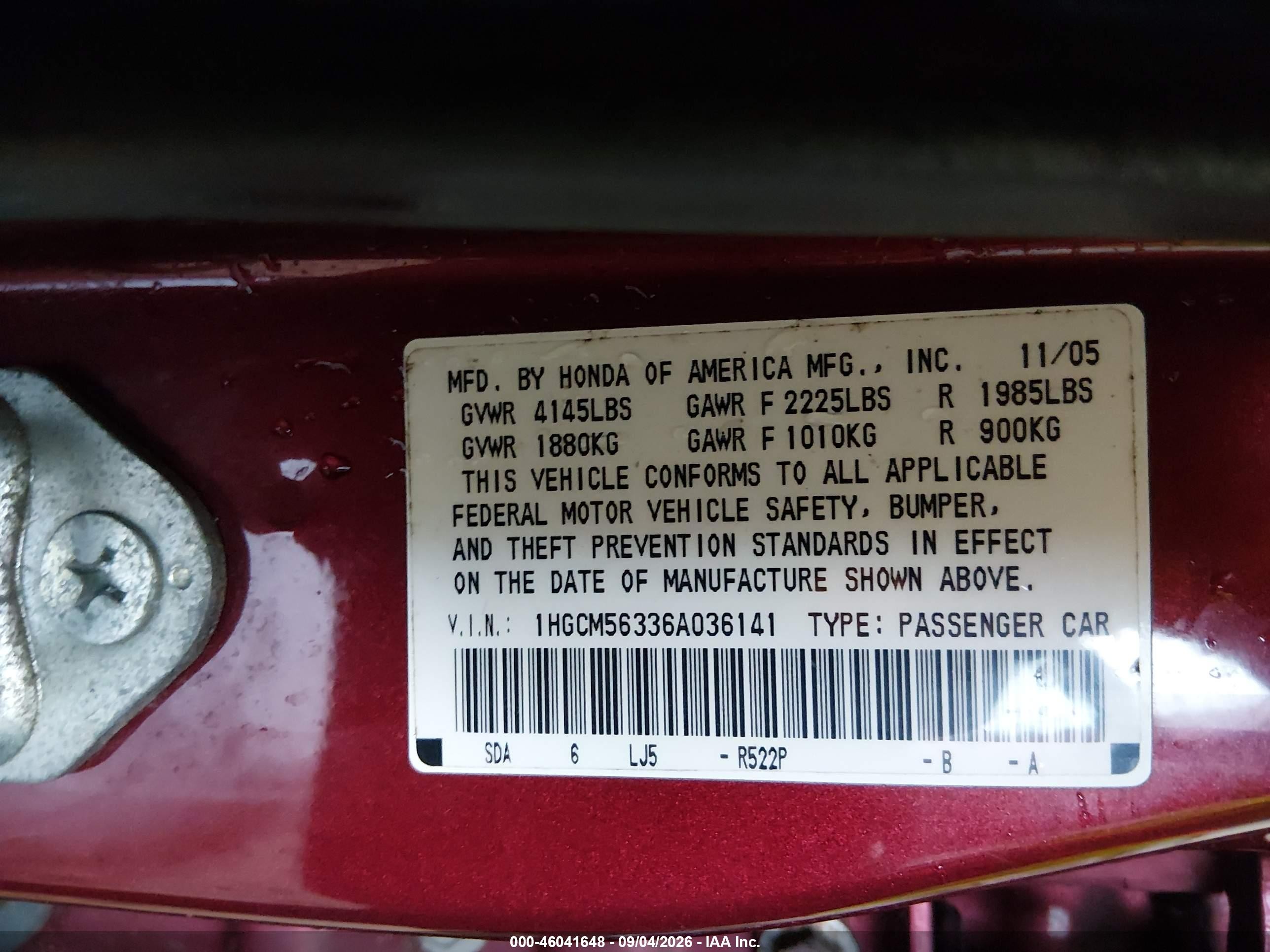 2006 Honda Accord 2.4 Se Burgundy vin: 1HGCM56336A036141