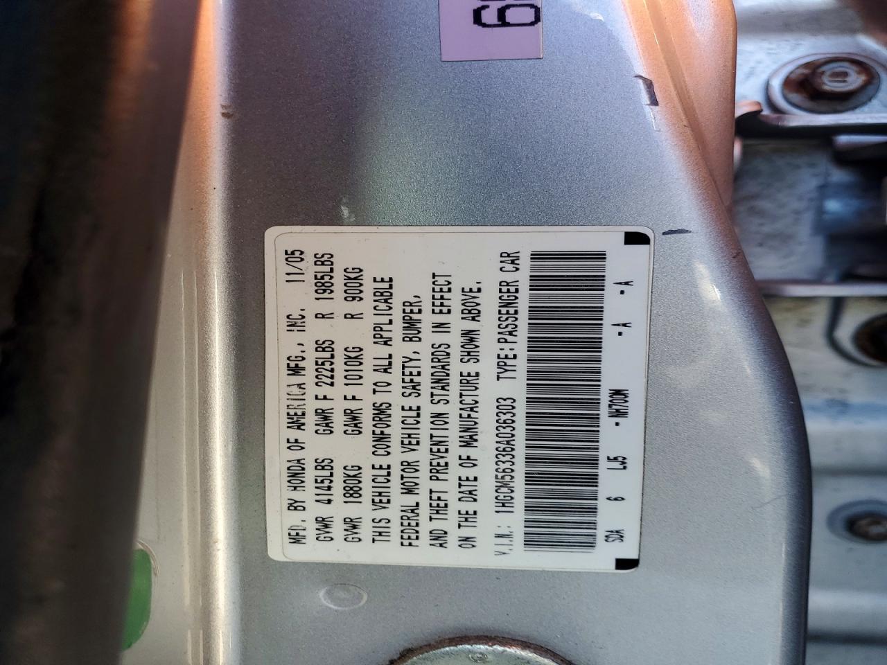 2006 Honda Accord Se Silver vin: 1HGCM56336A036303