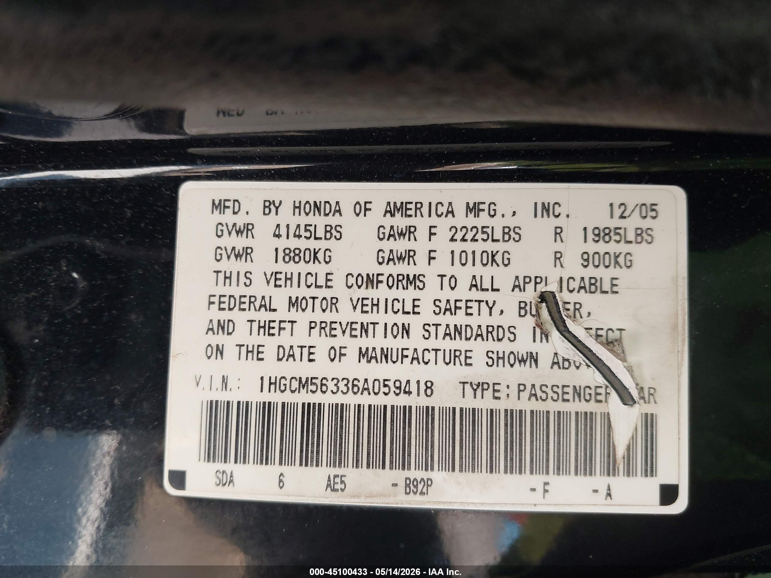 2006 Honda Accord 2.4 Se Черный vin: 1HGCM56336A059418
