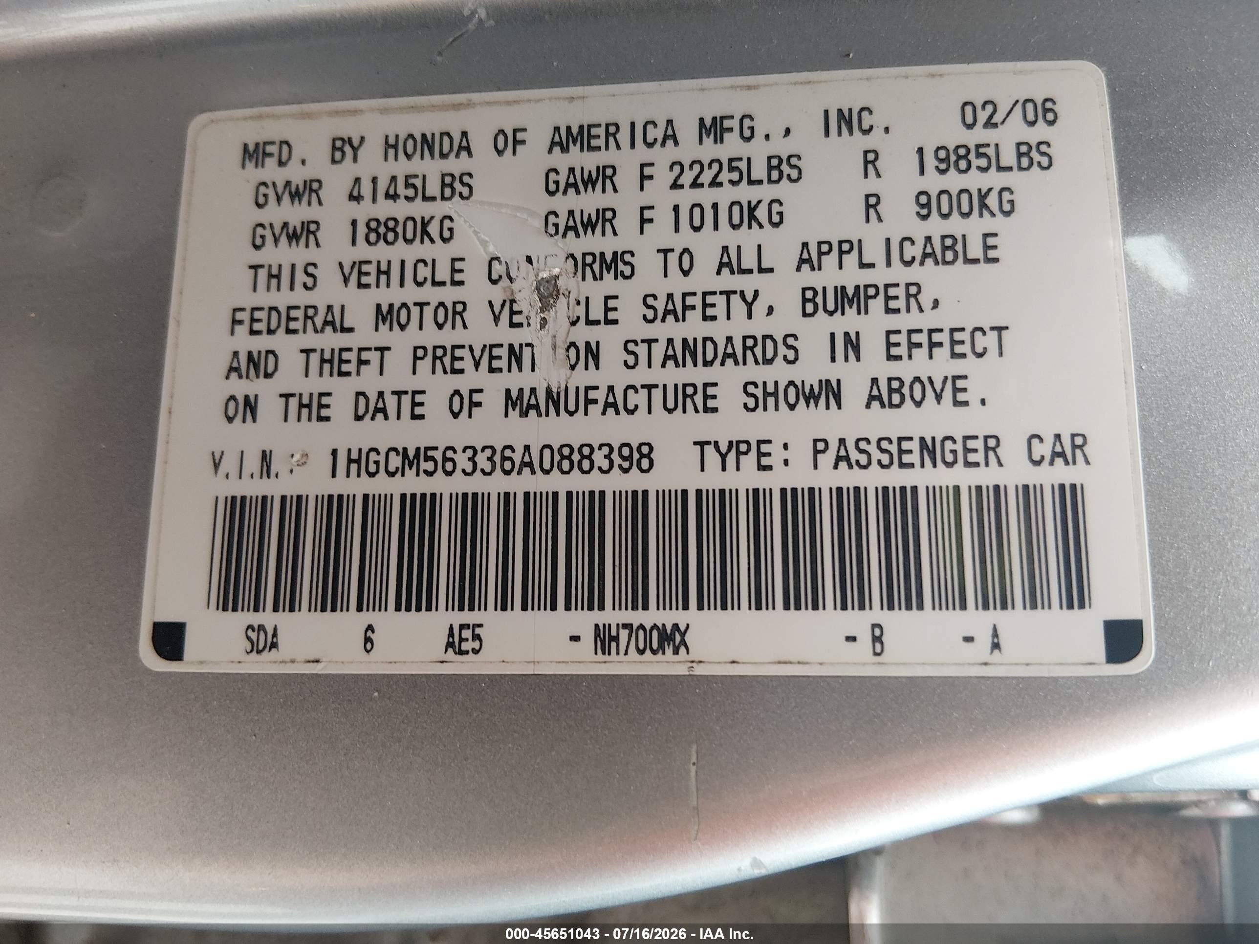 2006 Honda Accord 2.4 Se Silver vin: 1HGCM56336A088398