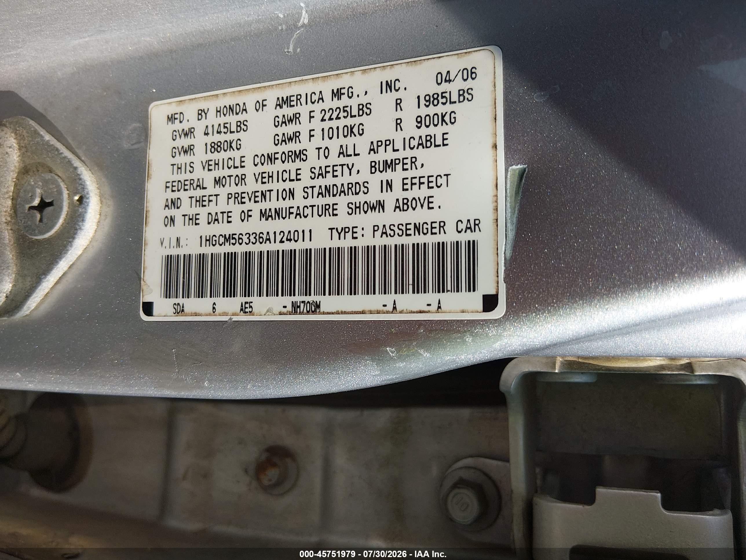 2006 Honda Accord 2.4 Se Silver vin: 1HGCM56336A124011