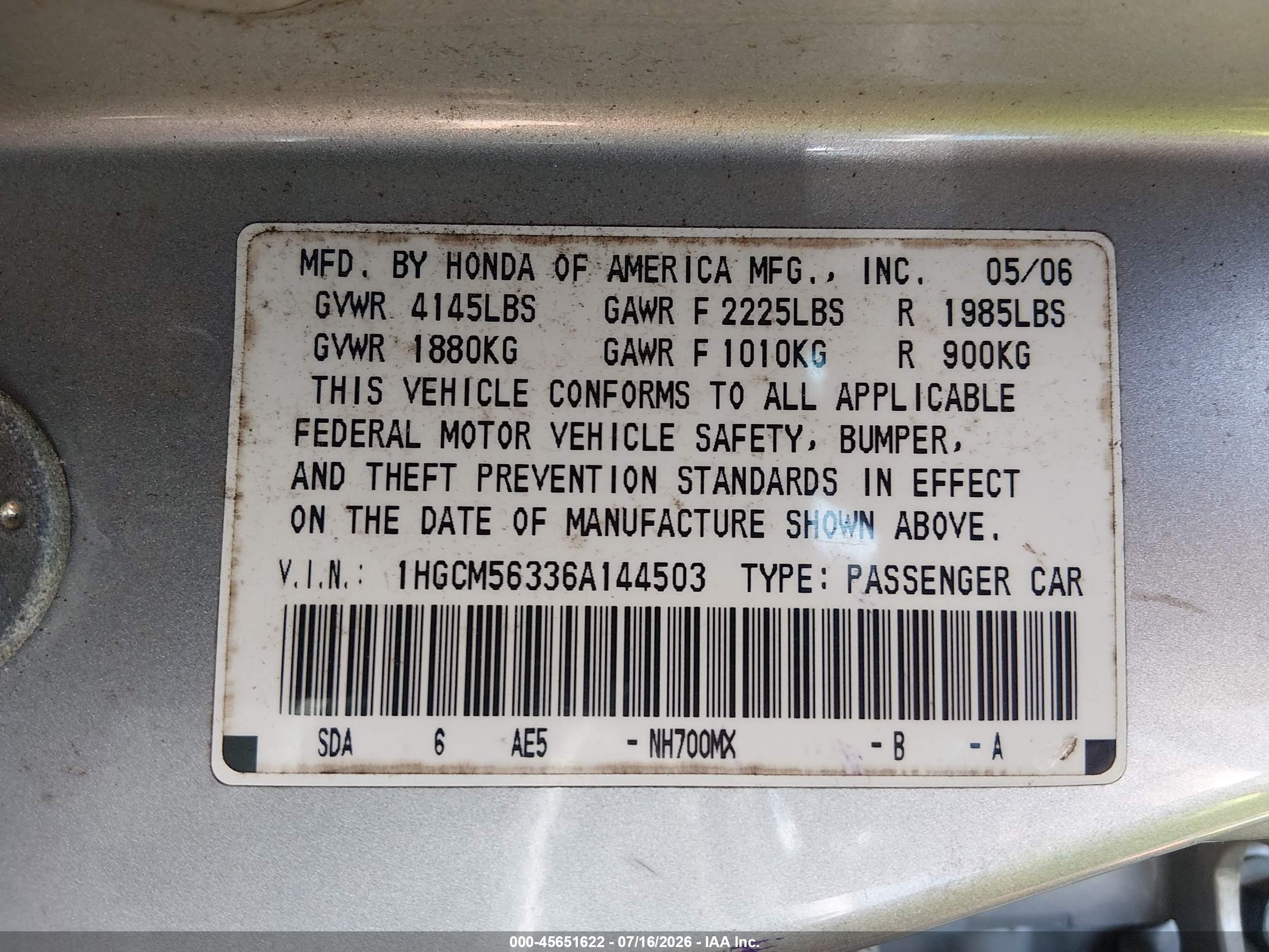 2006 Honda Accord 2.4 Se Silver vin: 1HGCM56336A144503