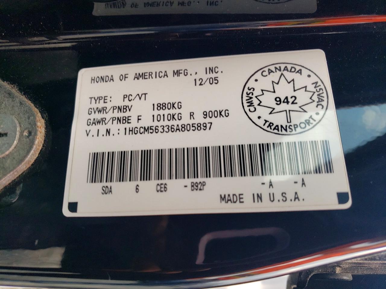 2006 Honda Accord Se Black vin: 1HGCM56336A805897