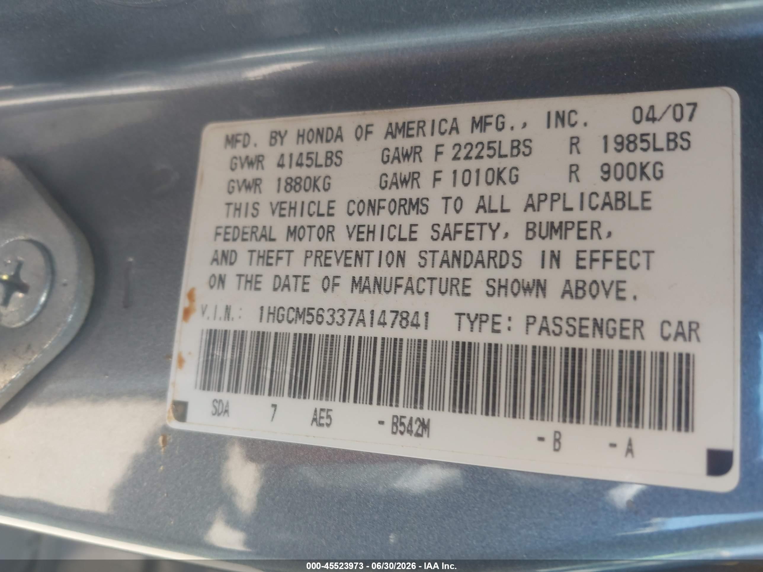 2007 Honda Accord 2.4 Se Silver vin: 1HGCM56337A147841
