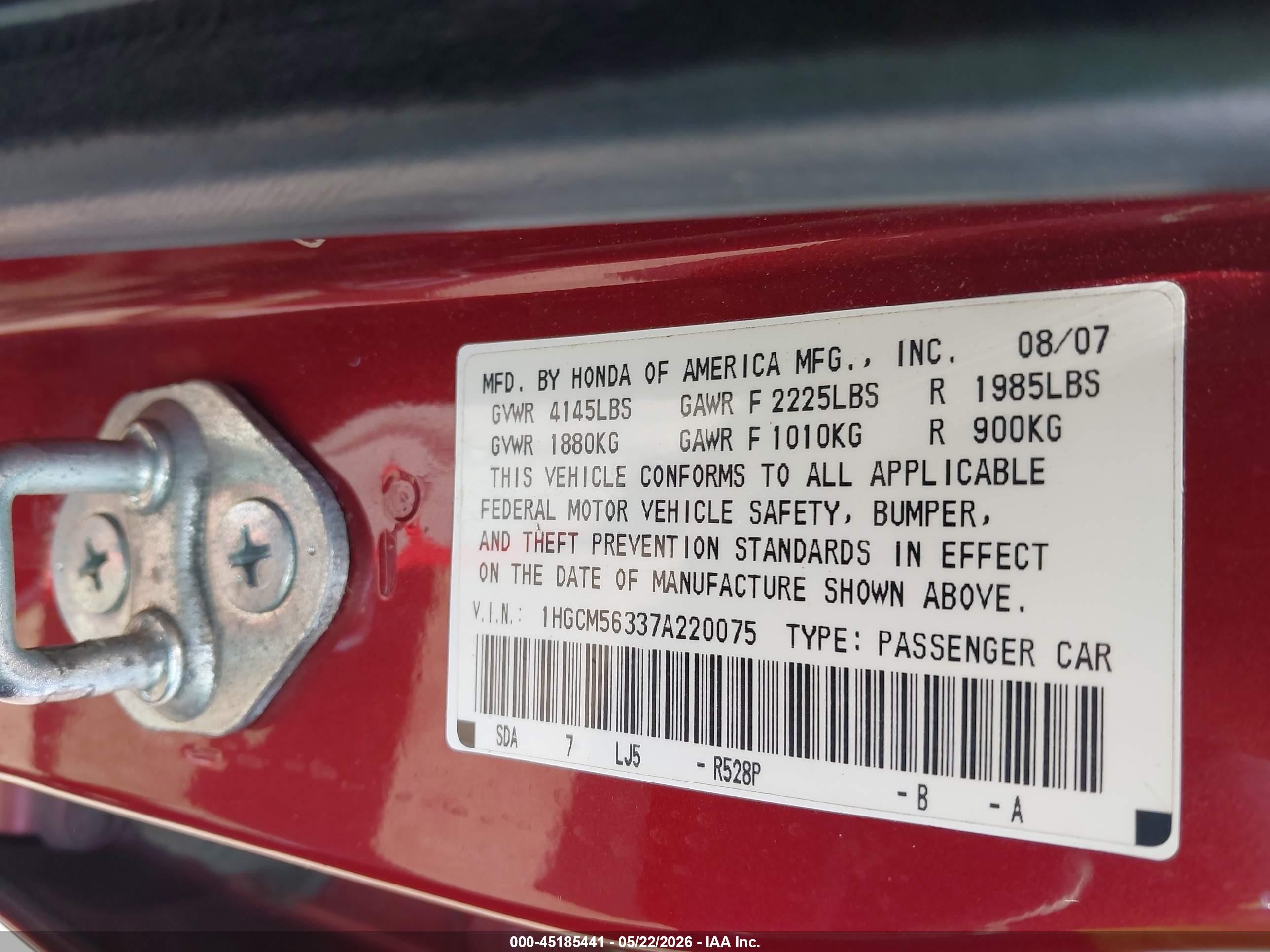 2007 Honda Accord 2.4 Se Красный vin: 1HGCM56337A220075