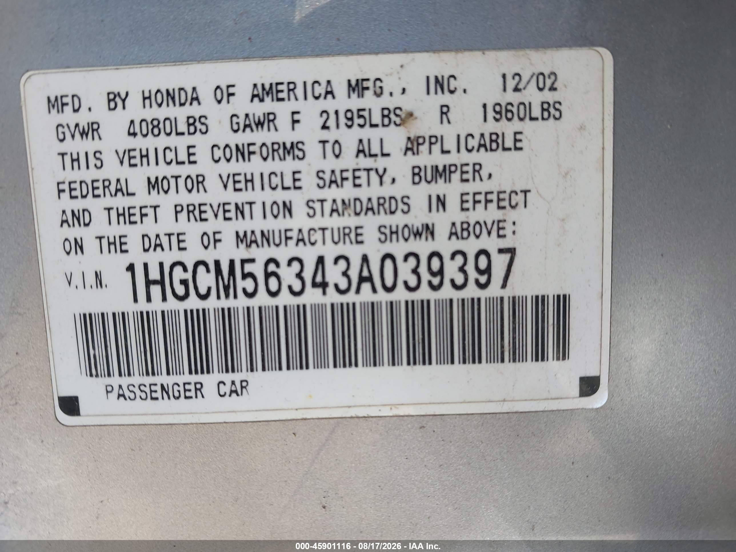 2003 Honda Accord 2.4 Lx Серебряный vin: 1HGCM56343A039397