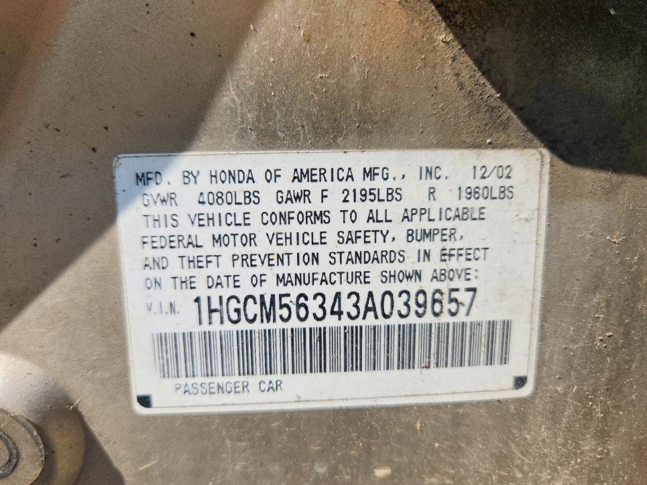2003 Honda Accord Lx Gold vin: 1HGCM56343A039657