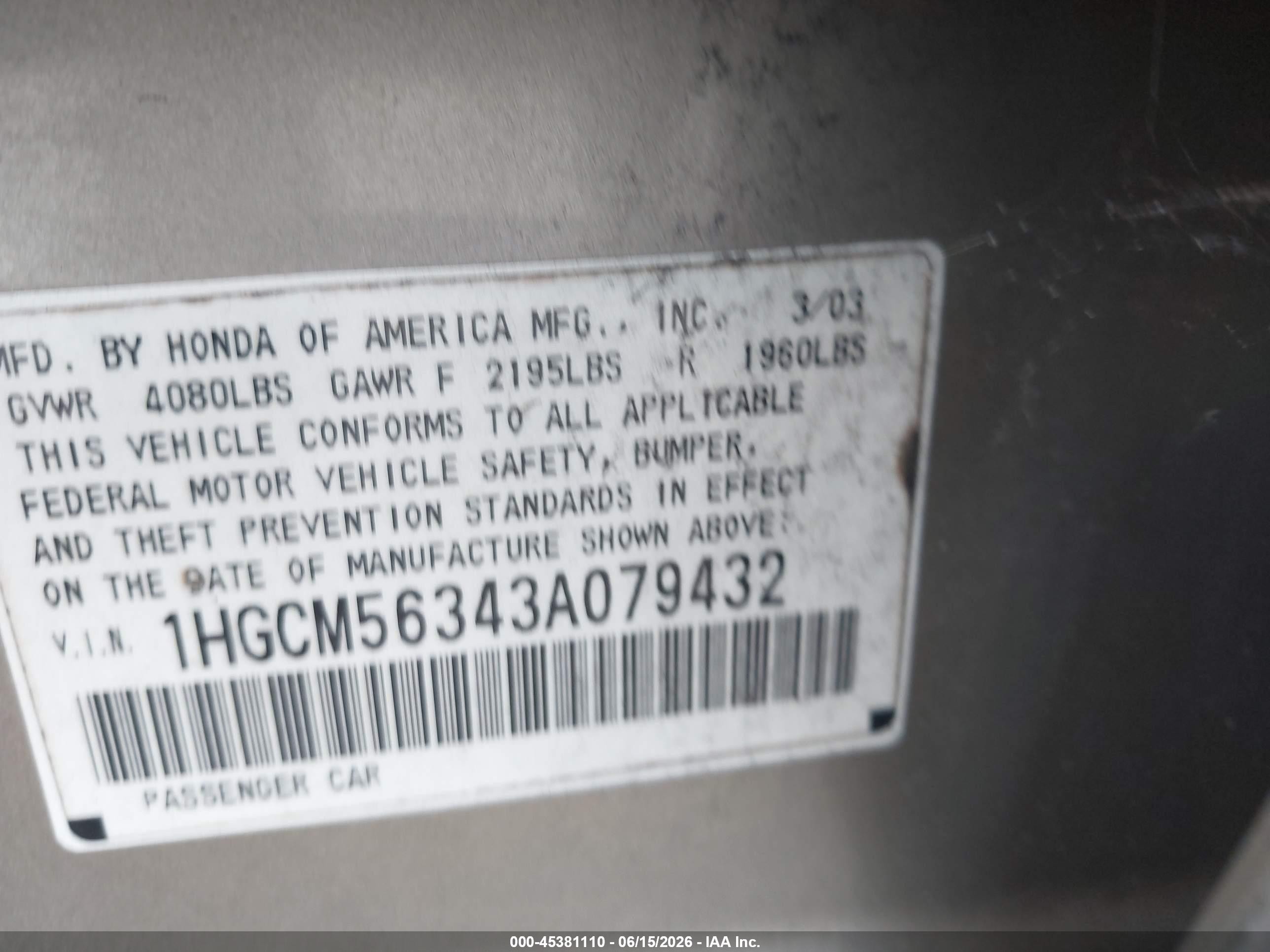 2003 Honda Accord 2.4 Lx Gold vin: 1HGCM56343A079432
