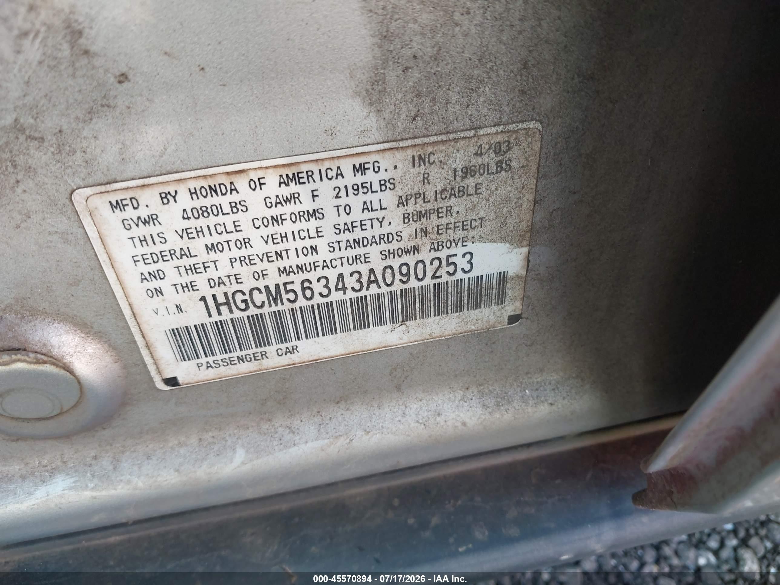 2003 Honda Accord Sdn Lx Silver vin: 1HGCM56343A090253