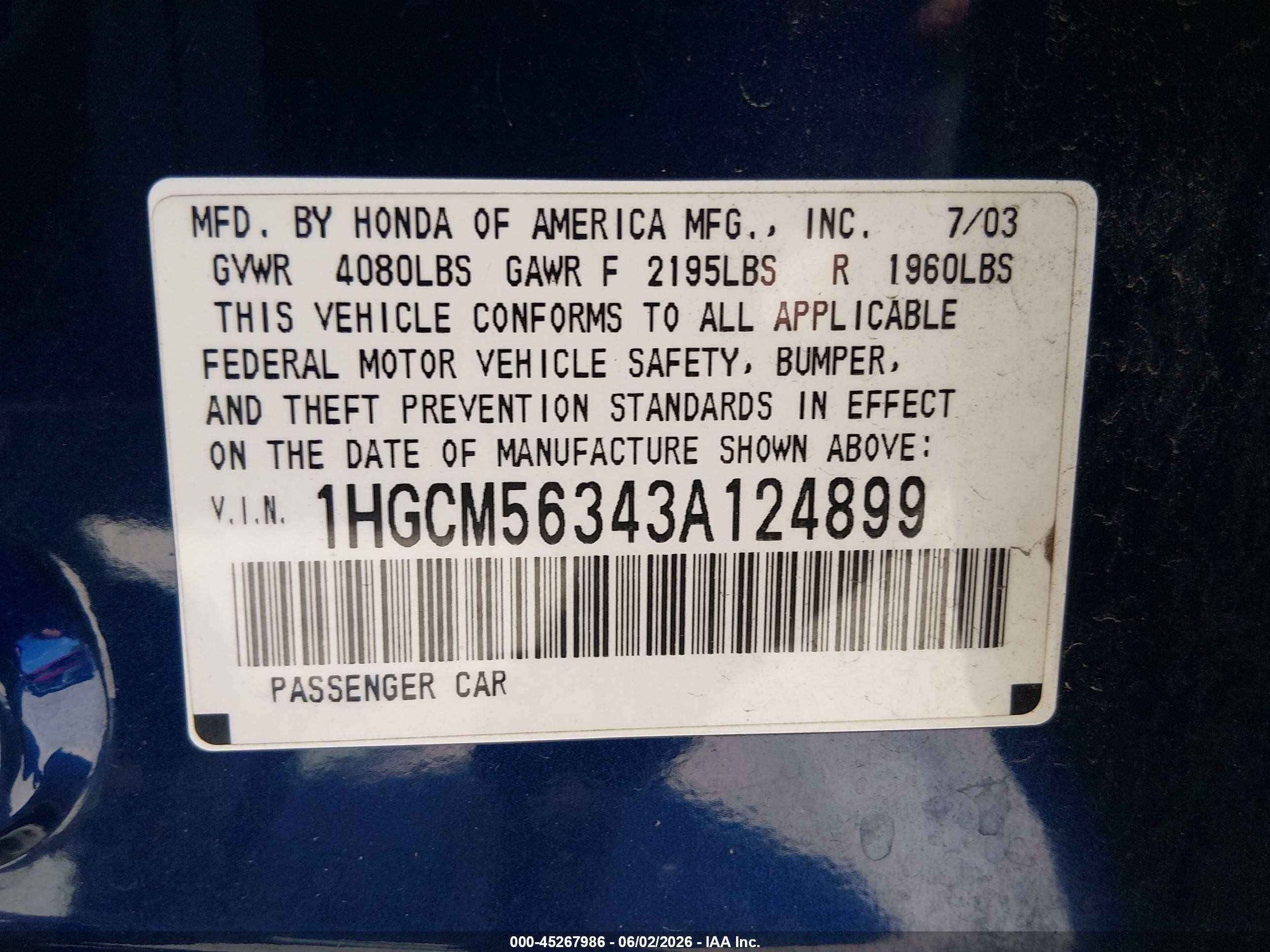 2003 Honda Accord 2.4 Lx Blue vin: 1HGCM56343A124899
