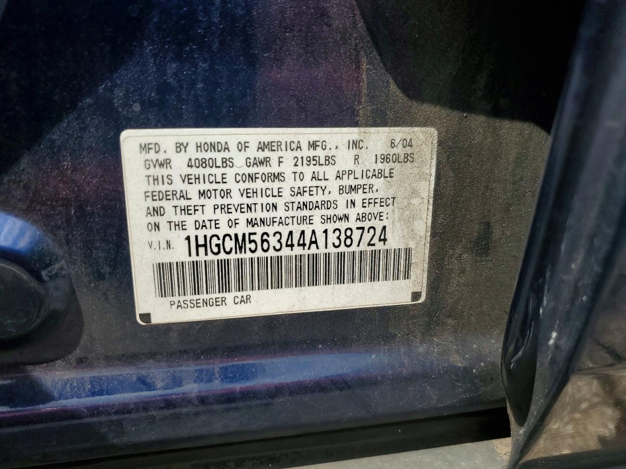 2004 Honda Accord Blue vin: 1HGCM56344A138724