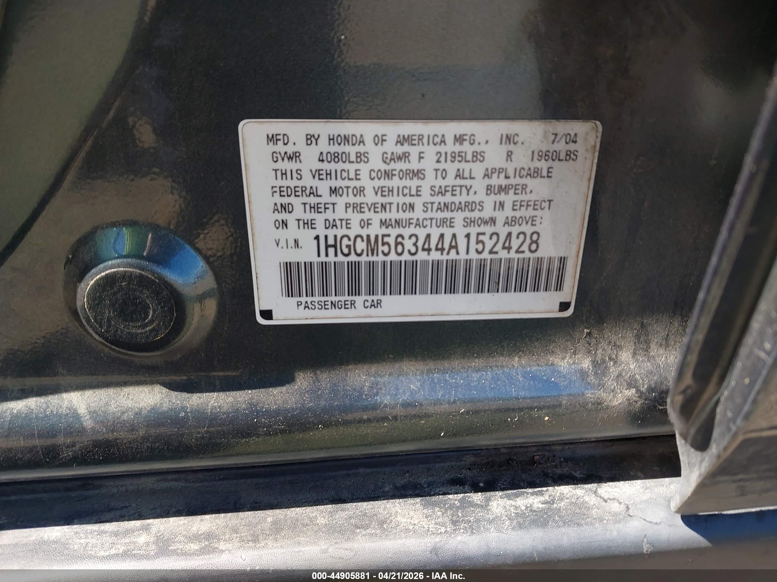 2004 Honda Accord 2.4 Lx Blue vin: 1HGCM56344A152428