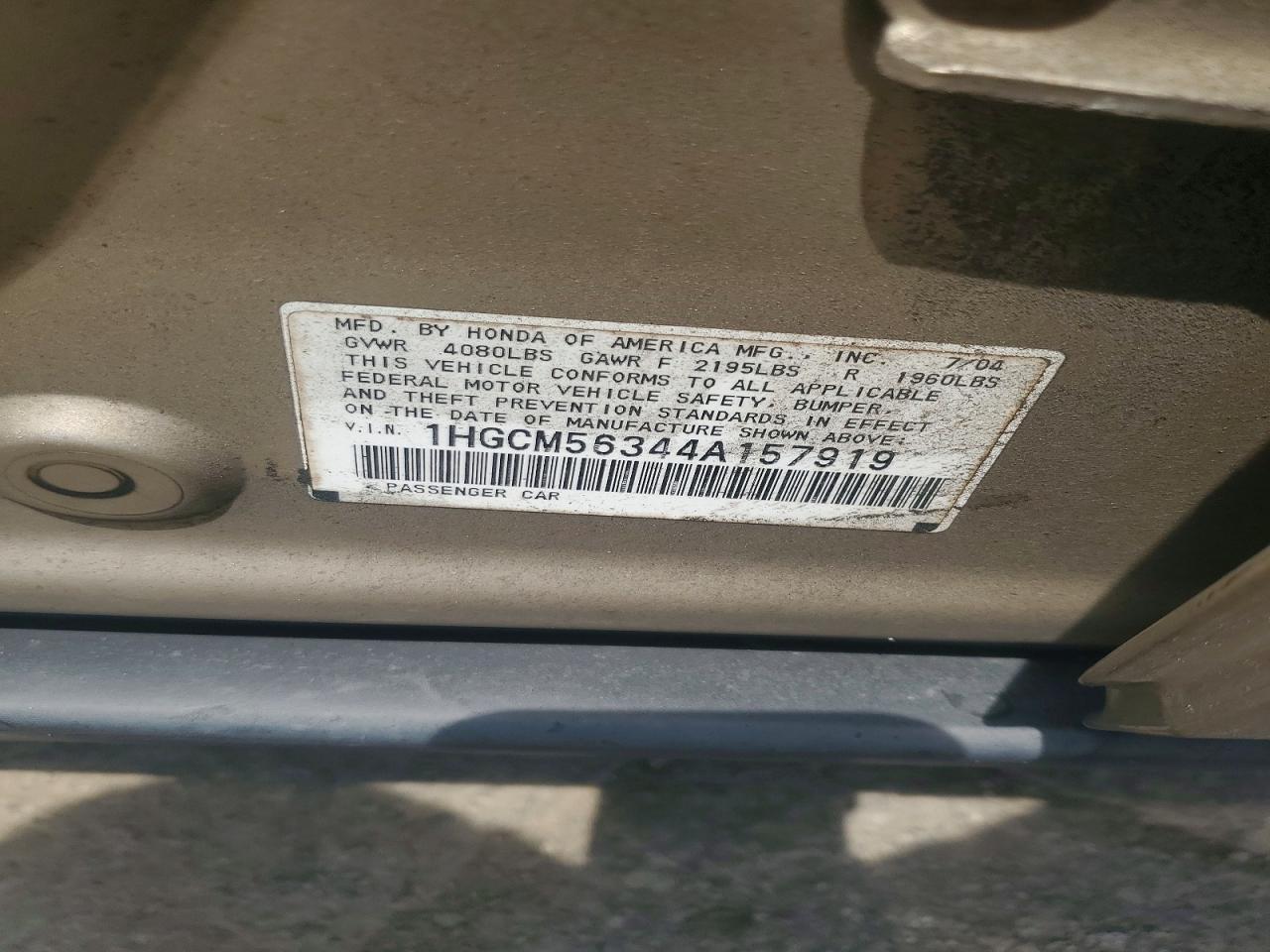2004 Honda Accord Lx Beige vin: 1HGCM56344A157919
