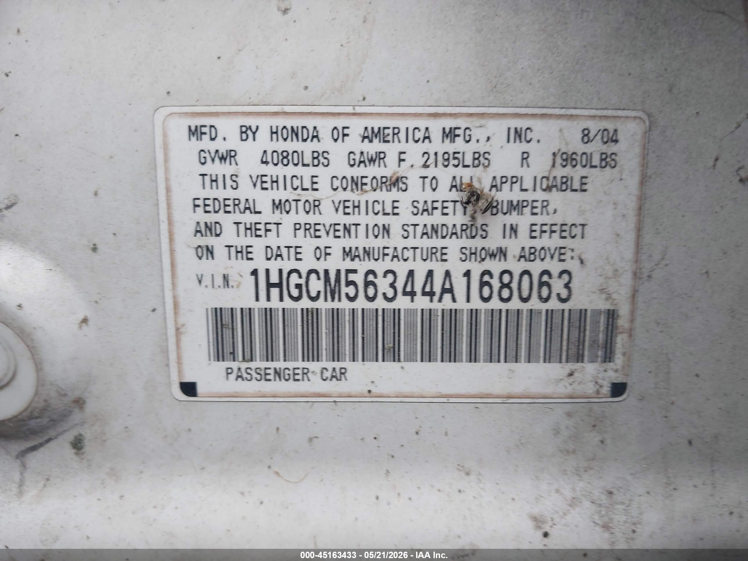 2004 Honda Accord 2.4 Lx White vin: 1HGCM56344A168063
