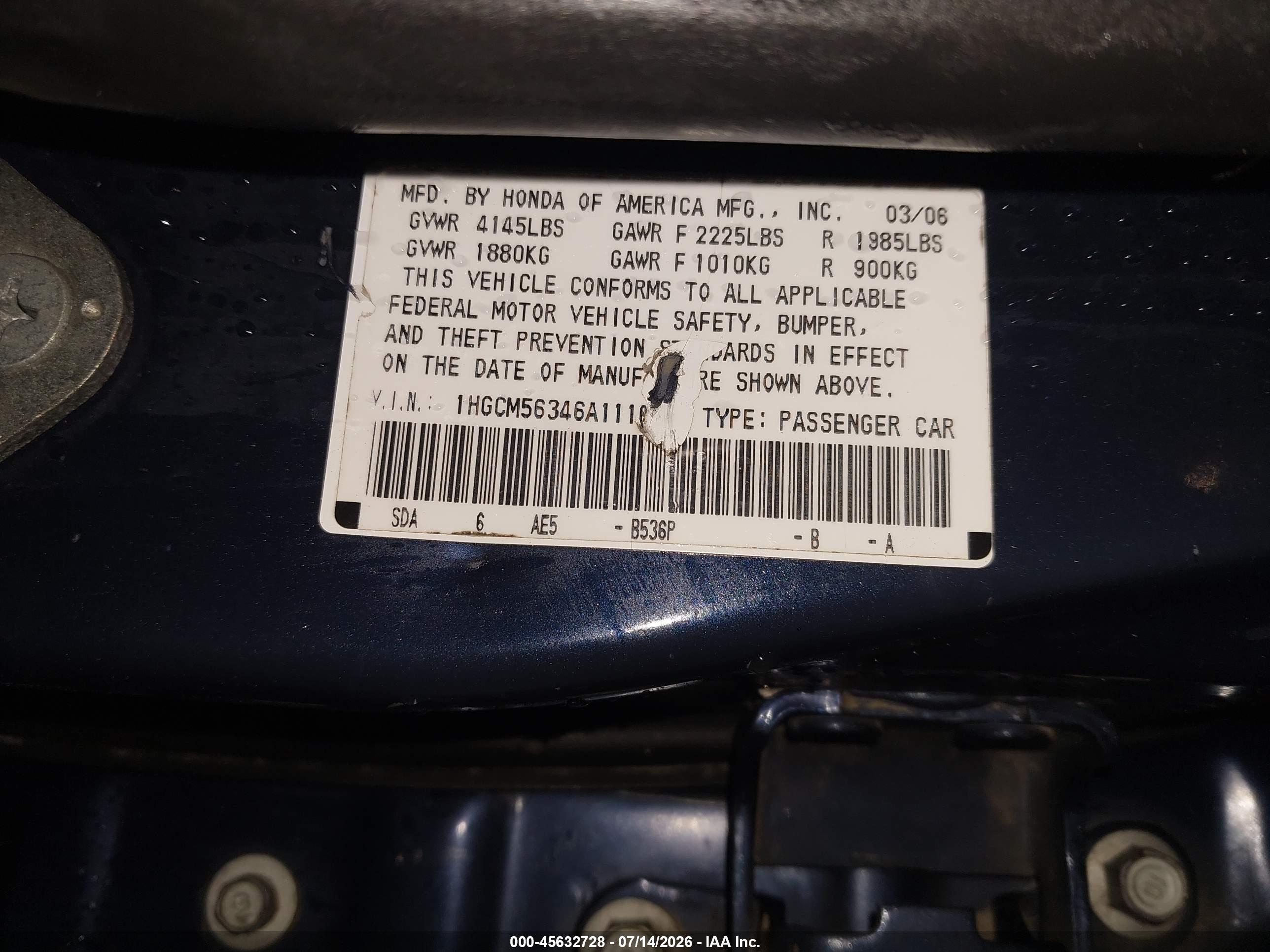2006 Honda Accord 2.4 Se Dark Blue vin: 1HGCM56346A111624