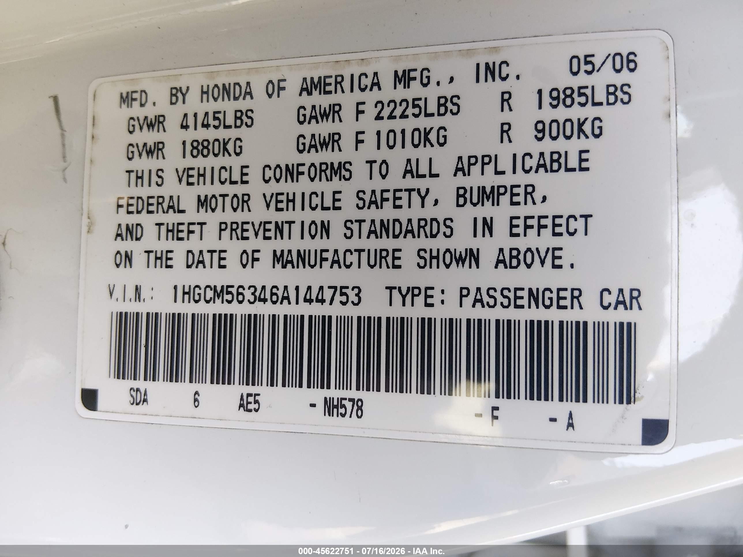 2006 Honda Accord 2.4 Se White vin: 1HGCM56346A144753