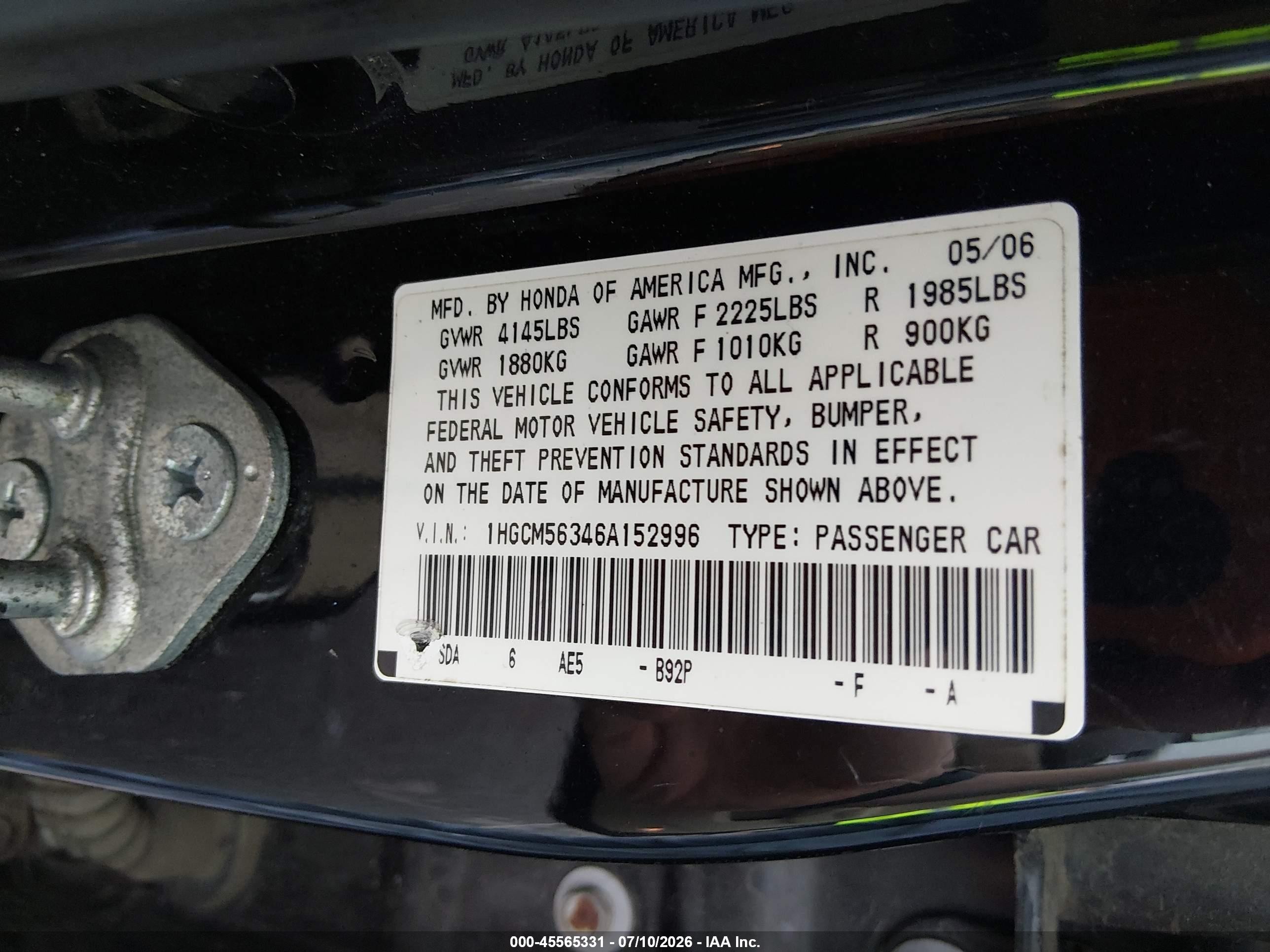 2006 Honda Accord 2.4 Se Black vin: 1HGCM56346A152996