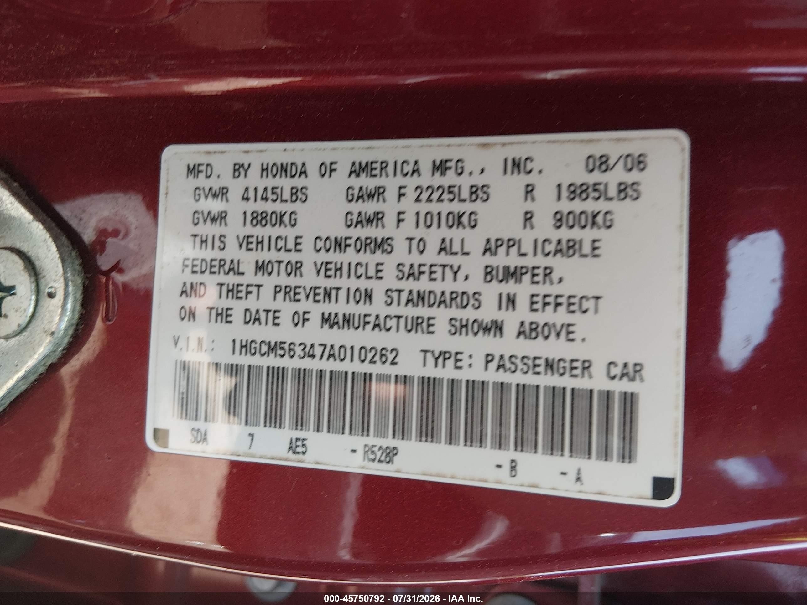 2007 Honda Accord 2.4 Se Maroon vin: 1HGCM56347A010262