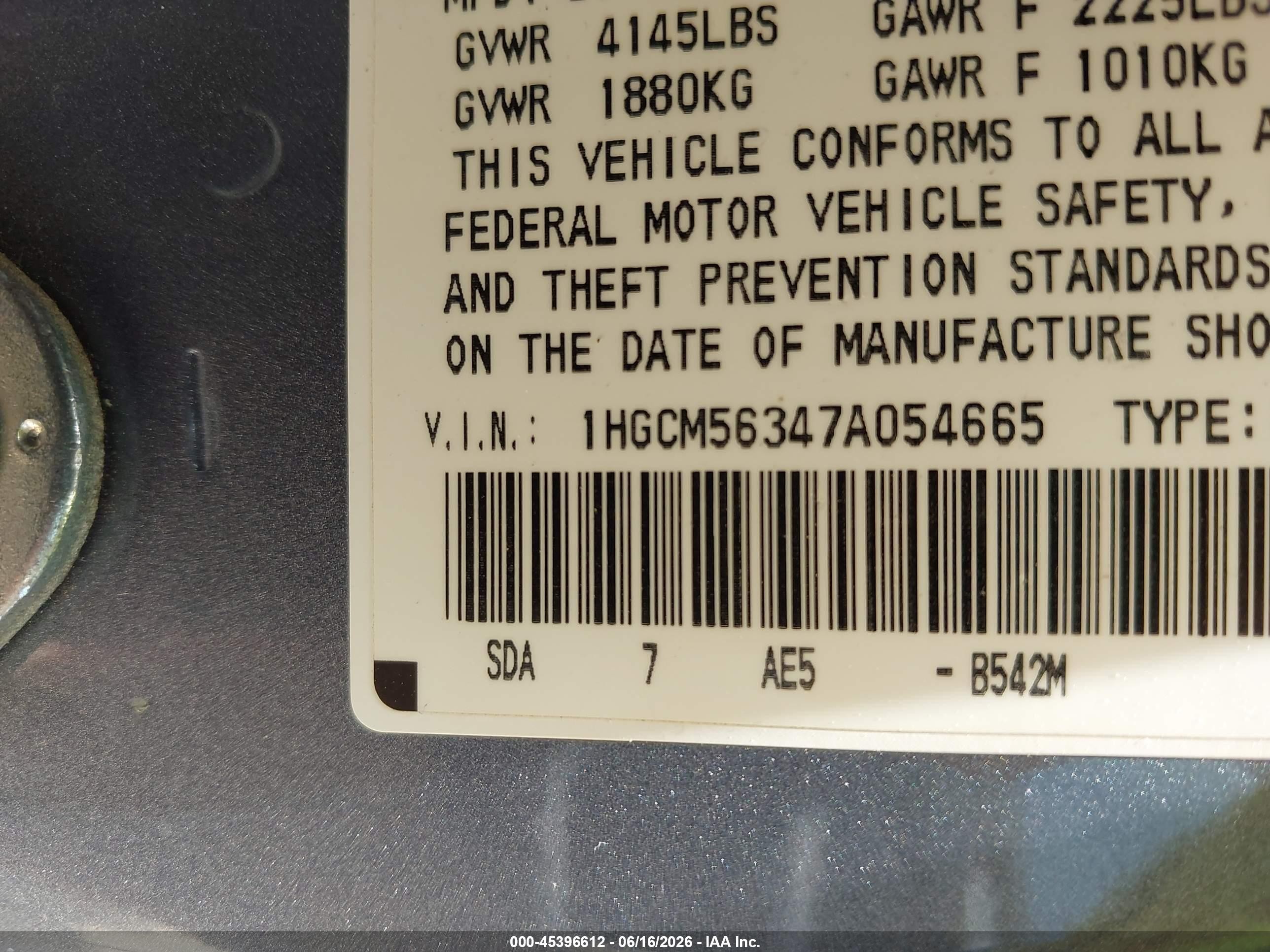 2007 Honda Accord 2.4 Se Light Blue vin: 1HGCM56347A054665