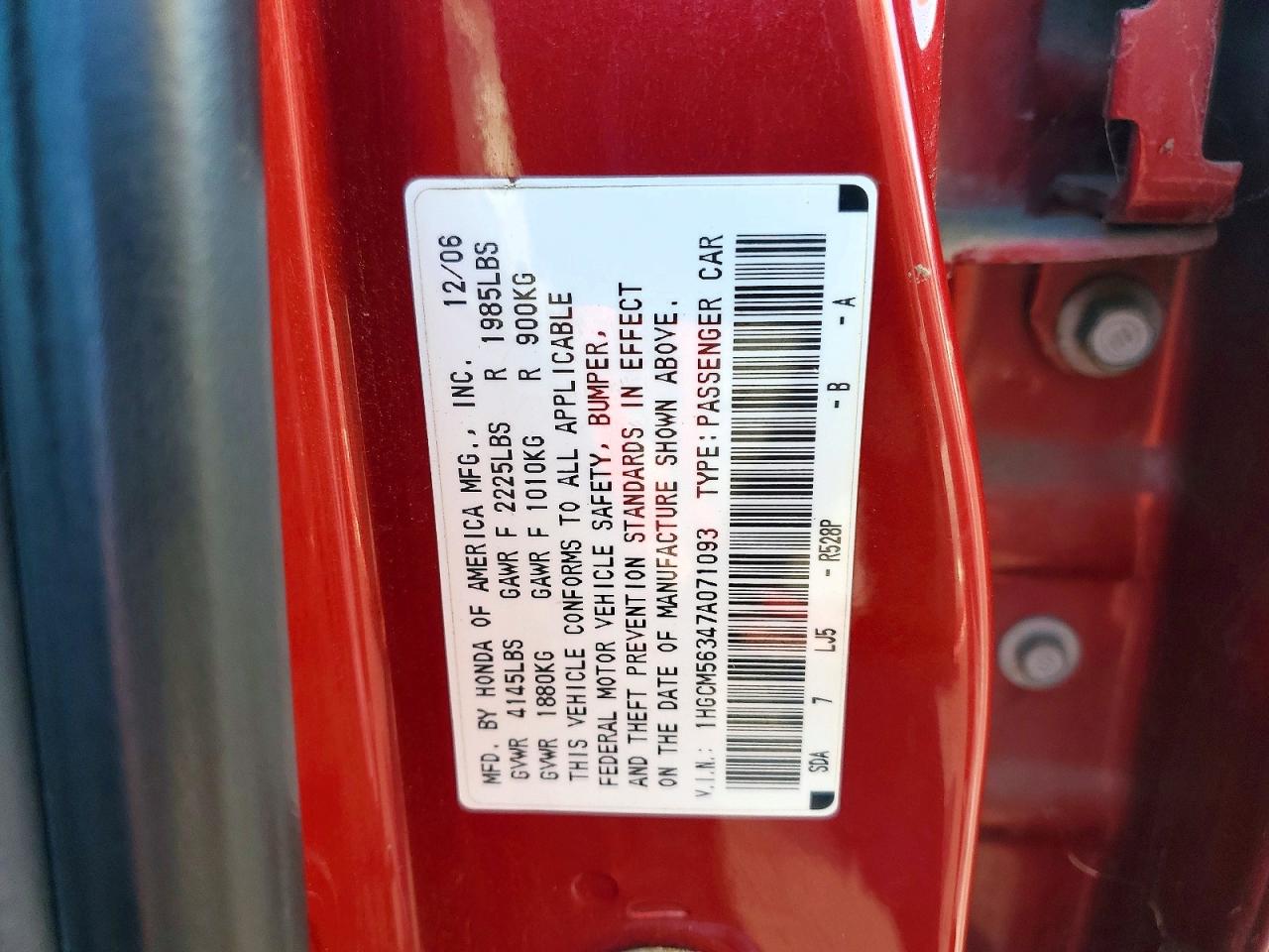 2007 Honda Accord Se Red vin: 1HGCM56347A071093