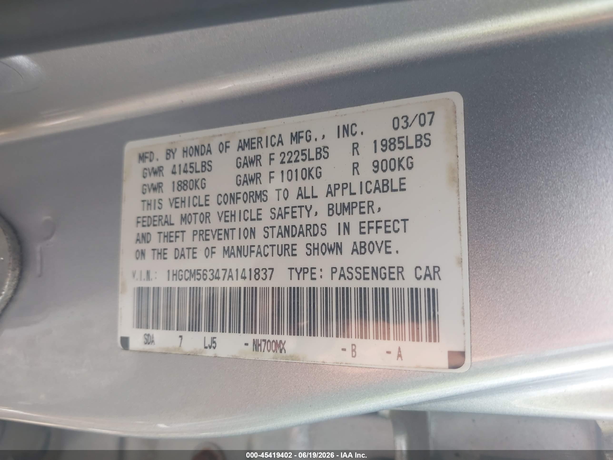 2007 Honda Accord 2.4 Se Gray vin: 1HGCM56347A141837