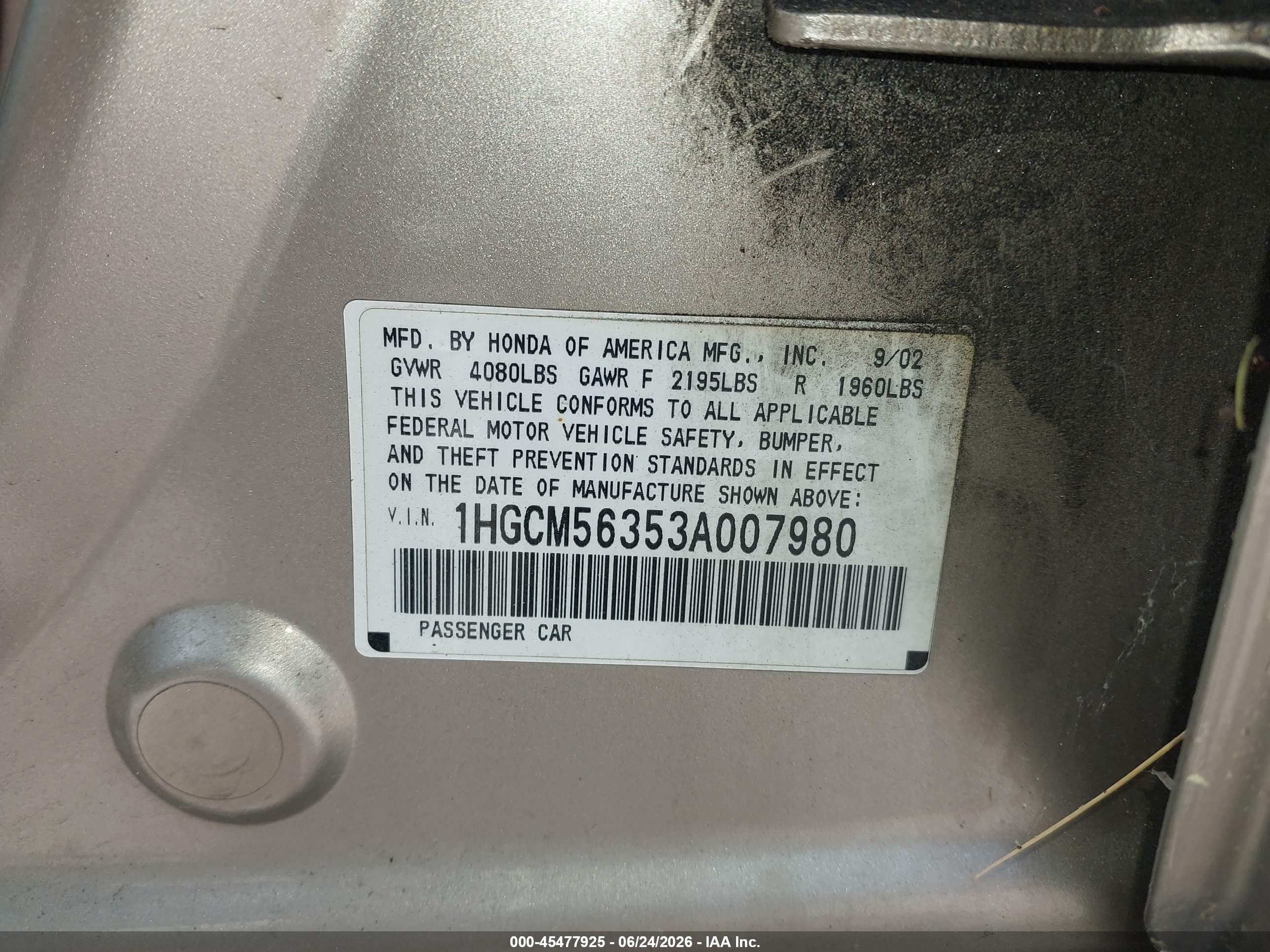 2003 Honda Accord Sdn Lx Gold vin: 1HGCM56353A007980