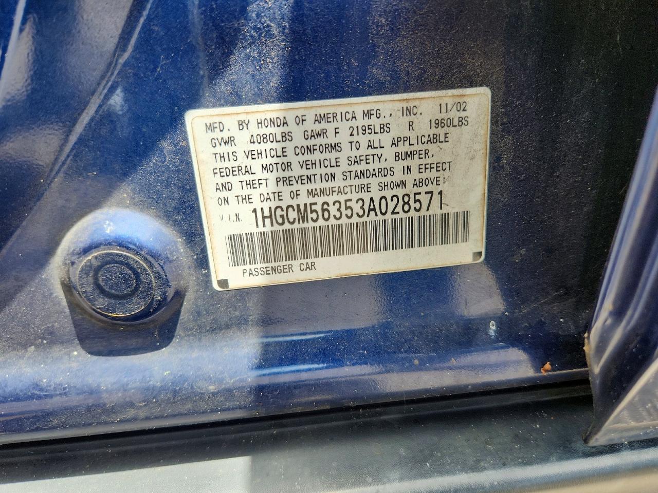 2003 Honda Accord Lx Blue vin: 1HGCM56353A028571