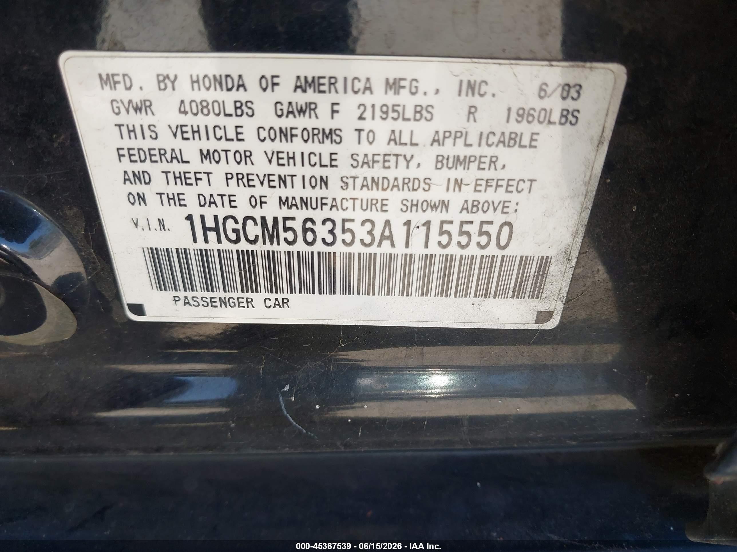2003 Honda Accord 2.4 Lx Black vin: 1HGCM56353A115550
