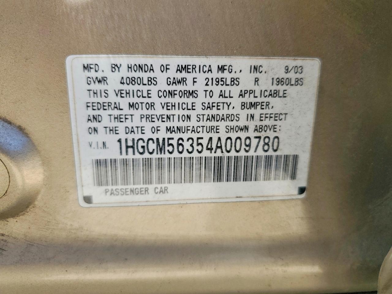 2004 Honda Accord Lx Gold vin: 1HGCM56354A009780