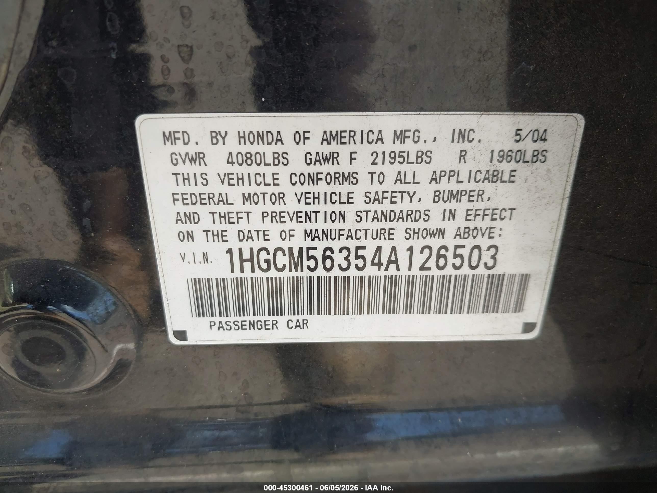 2004 Honda Accord 2.4 Lx Black vin: 1HGCM56354A126503