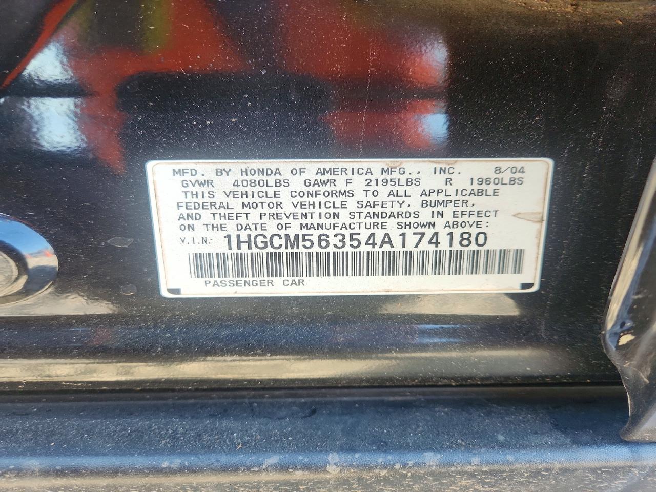 2004 Honda Accord Lx Black vin: 1HGCM56354A174180