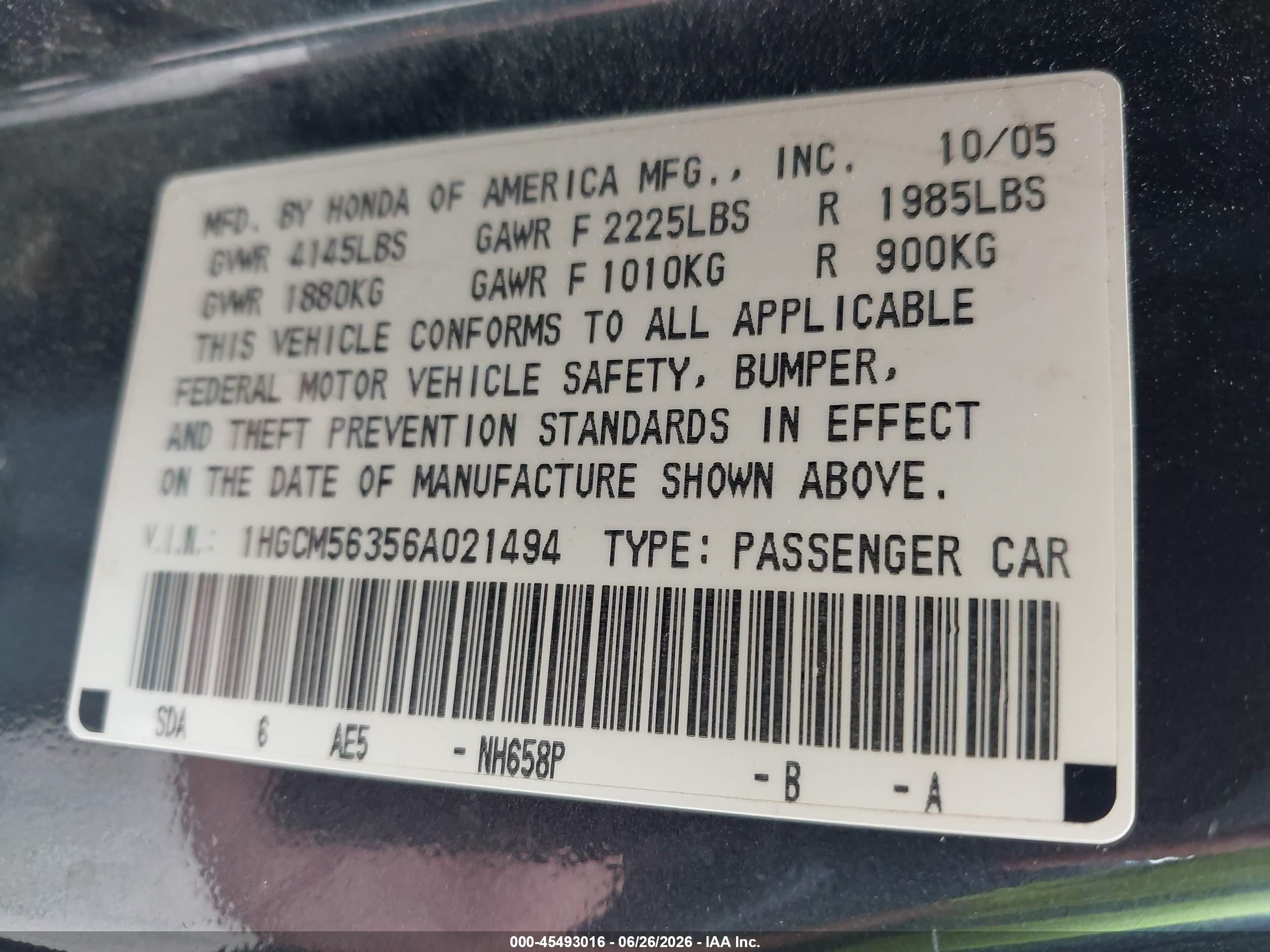 2006 Honda Accord 2.4 Se Dark Blue vin: 1HGCM56356A021494