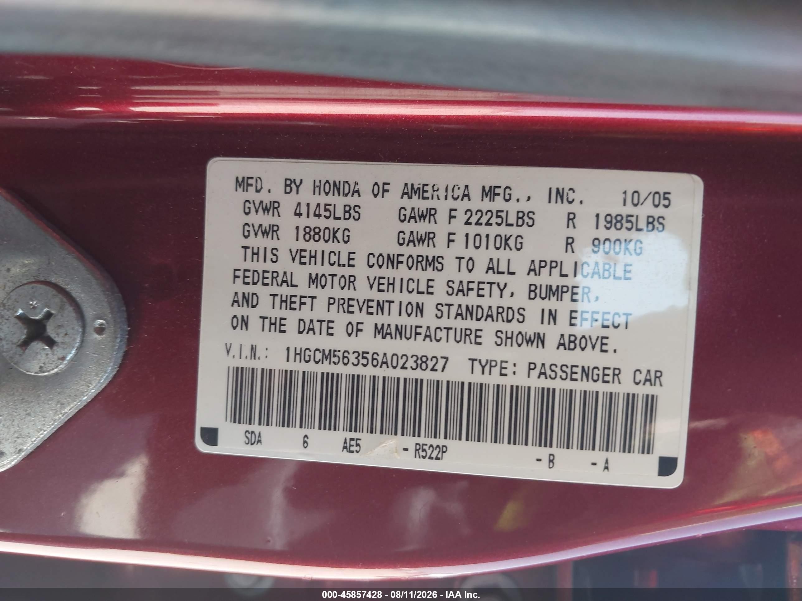 2006 Honda Accord 2.4 Se Red vin: 1HGCM56356A023827