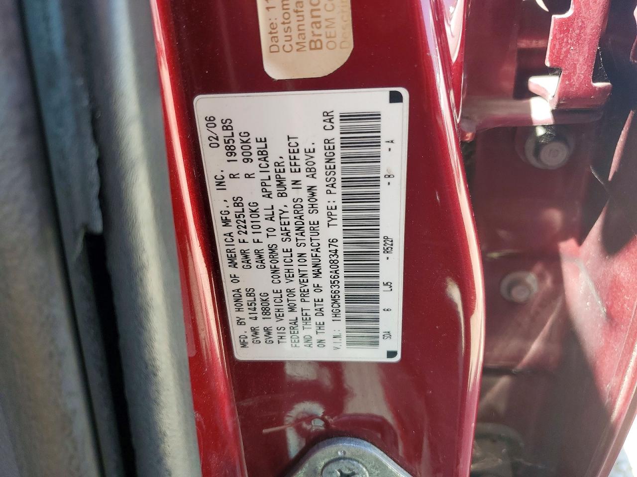 2006 Honda Accord Se Red vin: 1HGCM56356A083476