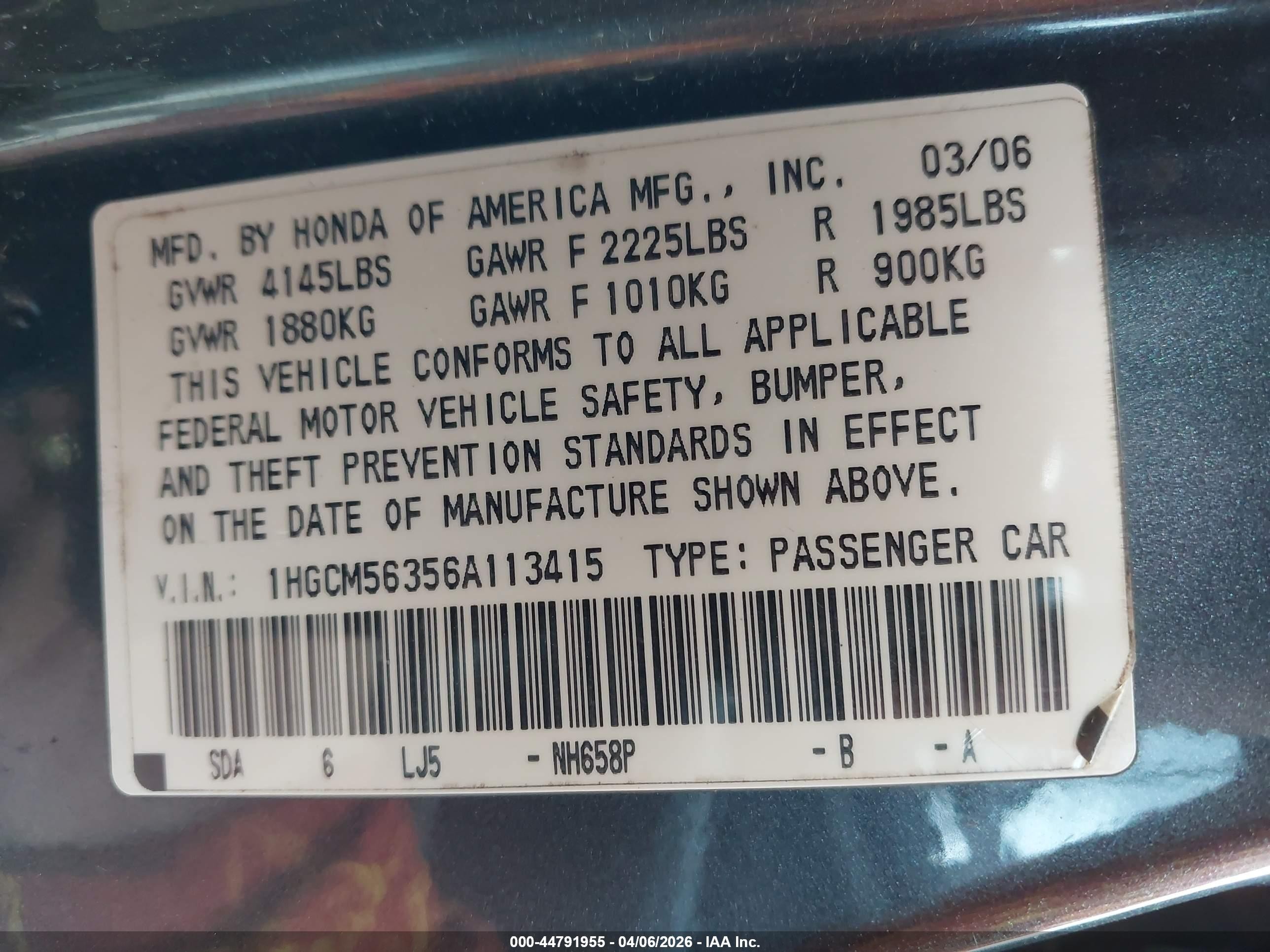 2006 Honda Accord 2.4 Se Dark Blue vin: 1HGCM56356A113415
