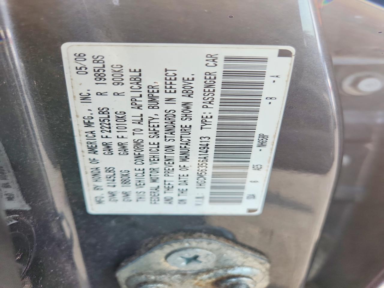 2006 Honda Accord Se Charcoal vin: 1HGCM56356A149413