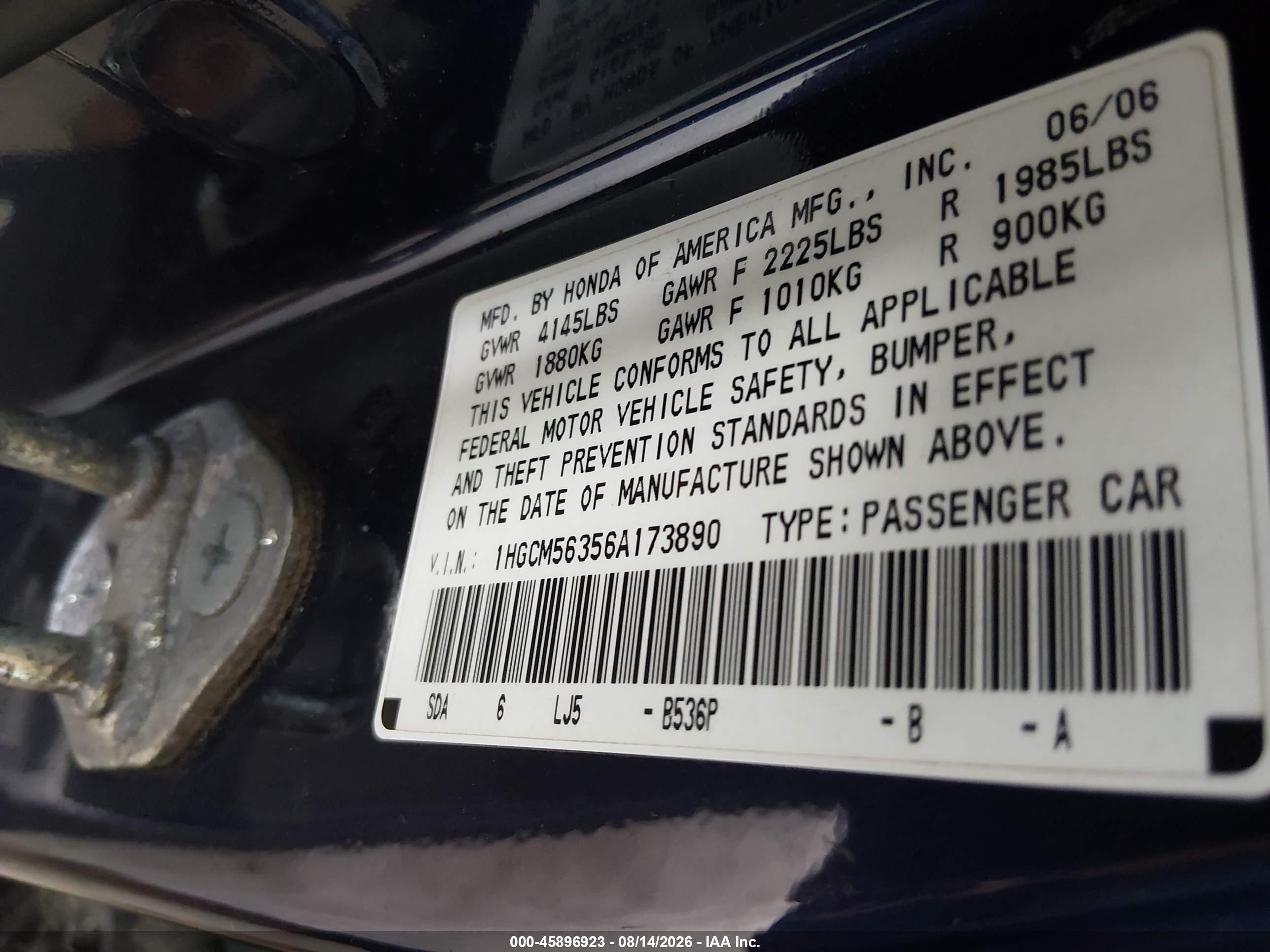 2006 Honda Accord 2.4 Se Black vin: 1HGCM56356A173890