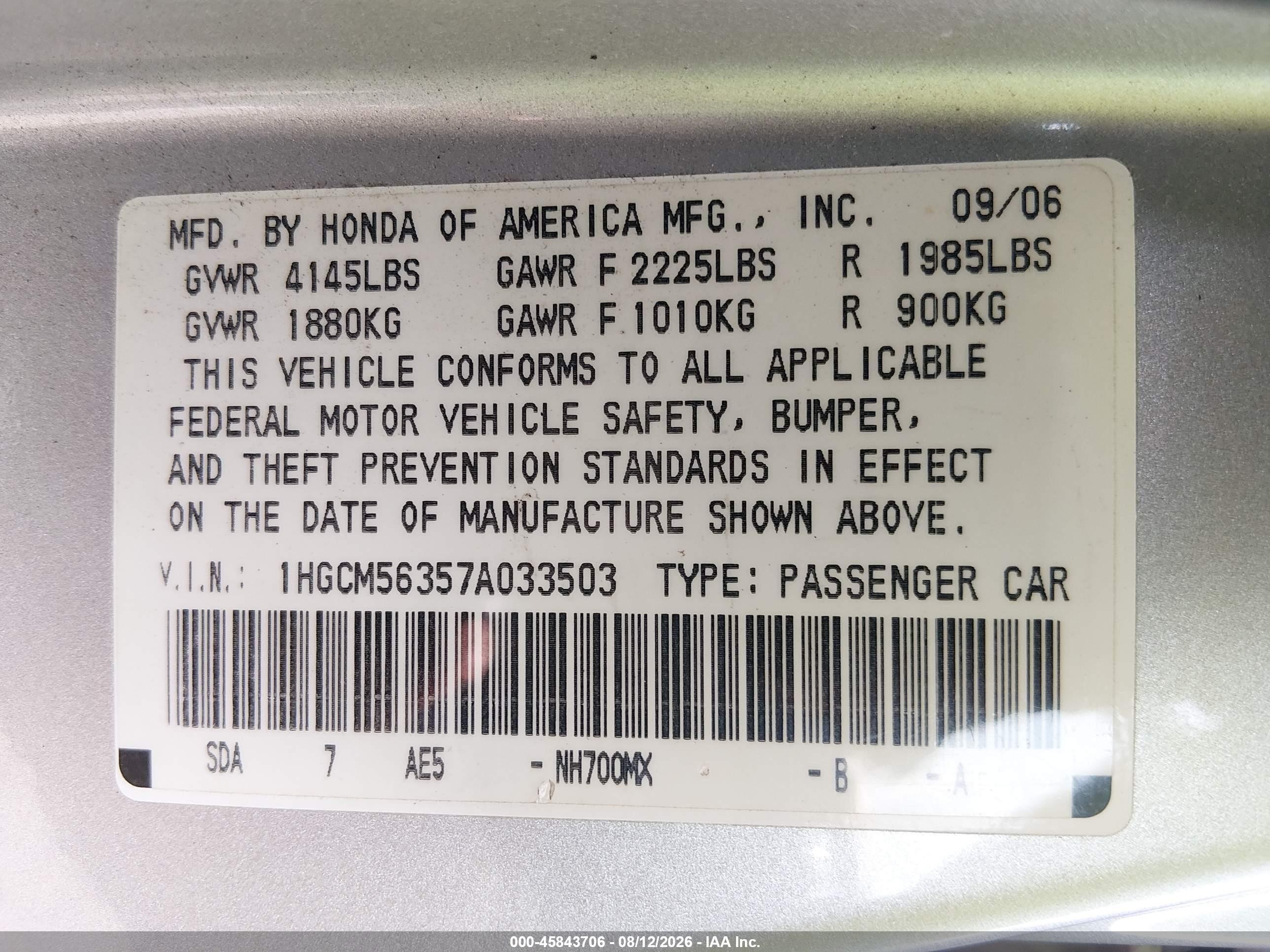 2007 Honda Accord 2.4 Se Silver vin: 1HGCM56357A033503