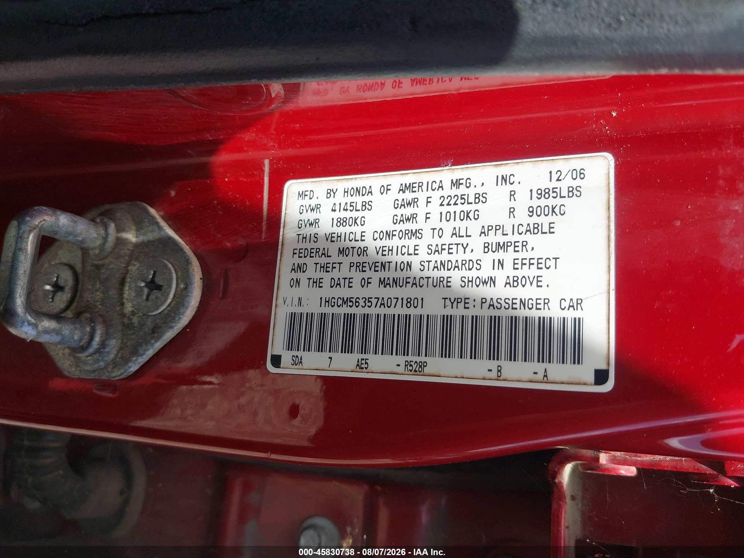 2007 Honda Accord 2.4 Se Red vin: 1HGCM56357A071801