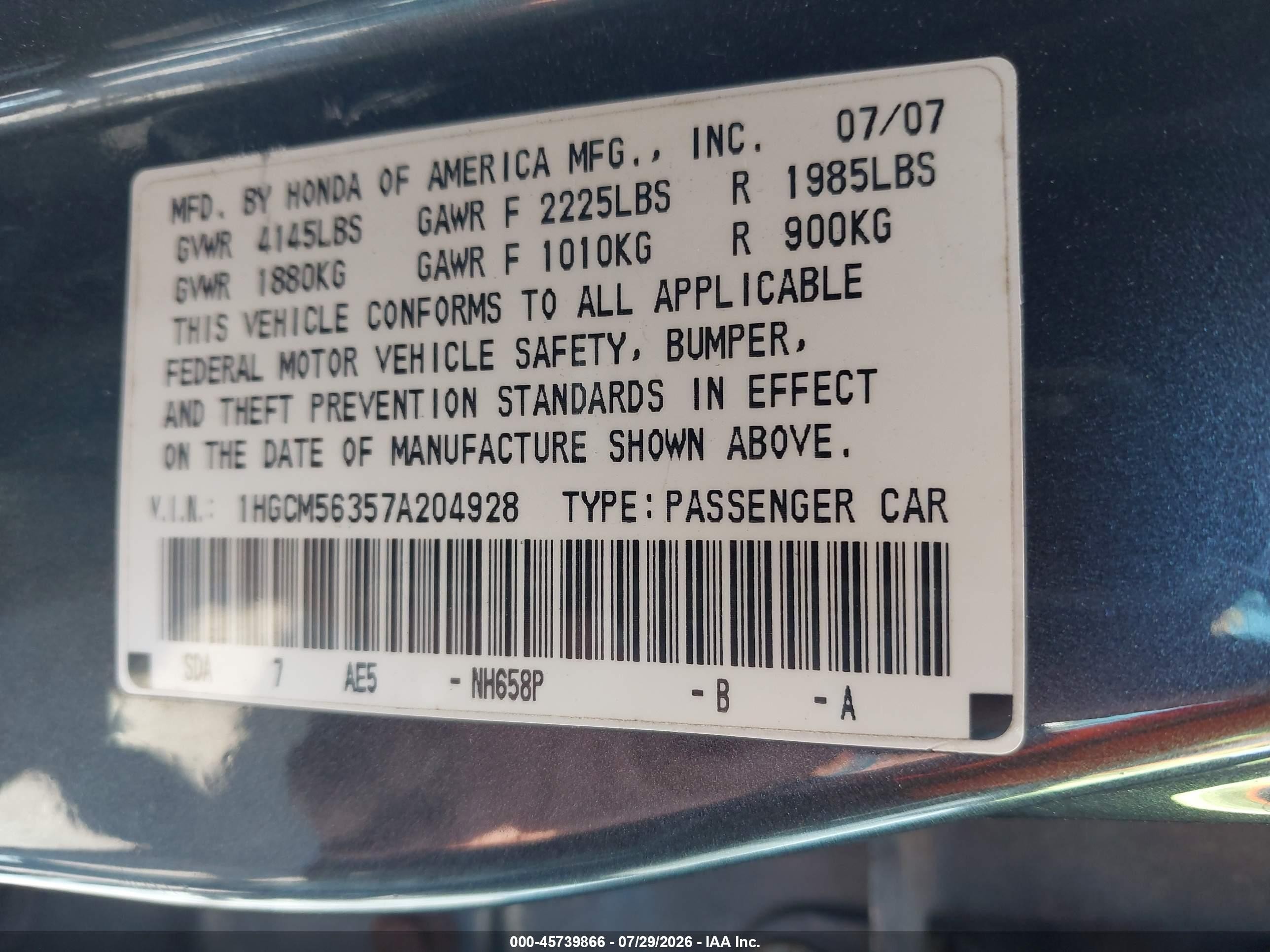 2007 Honda Accord 2.4 Se Gray vin: 1HGCM56357A204928