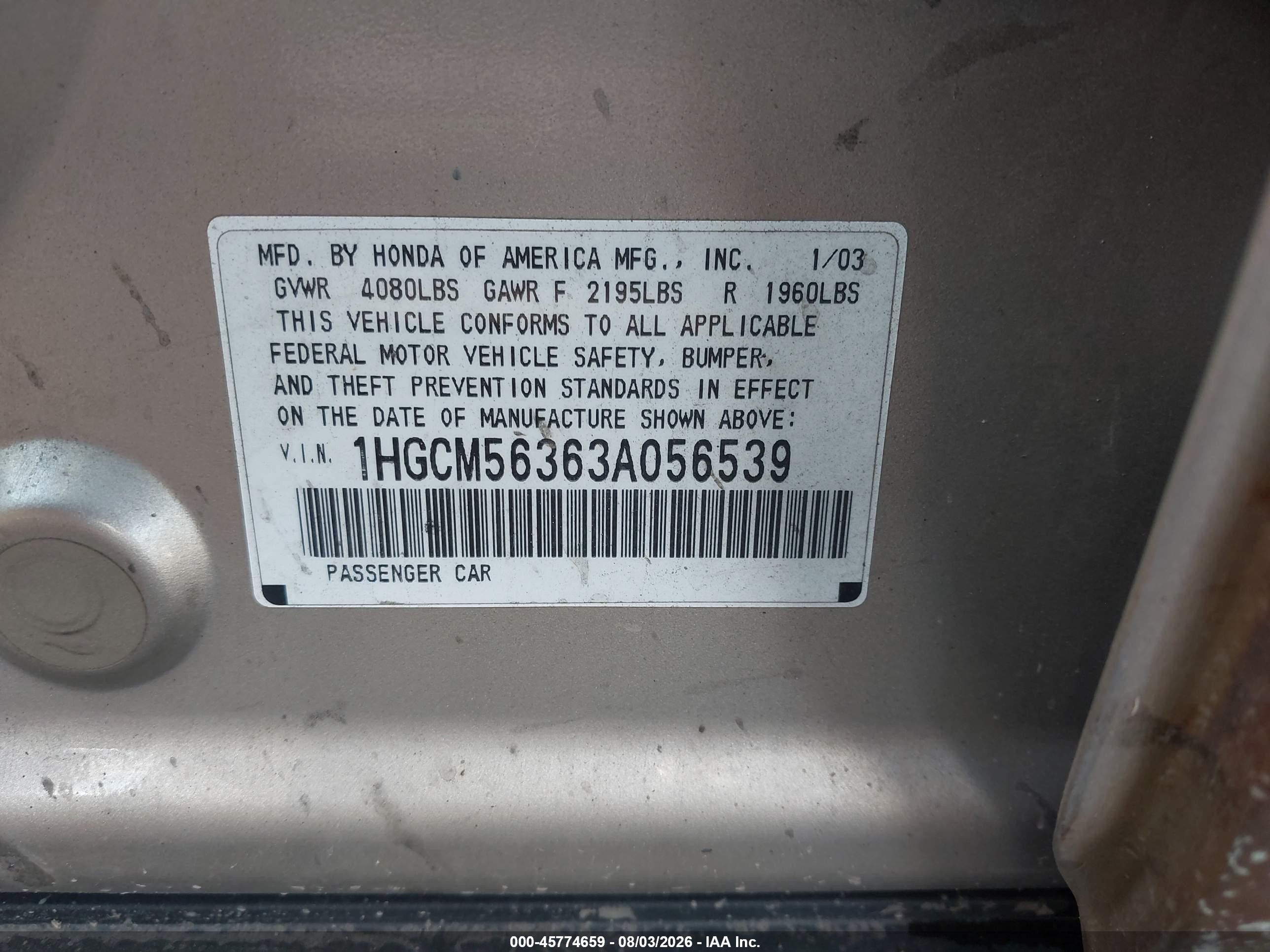 2003 Honda Accord Sdn Lx Gold vin: 1HGCM56363A056539