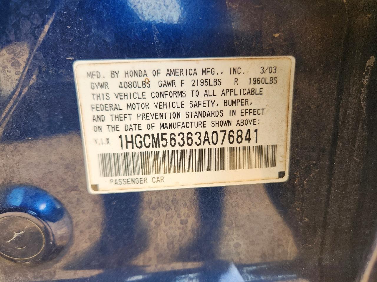 2003 Honda Accord Lx Blue vin: 1HGCM56363A076841