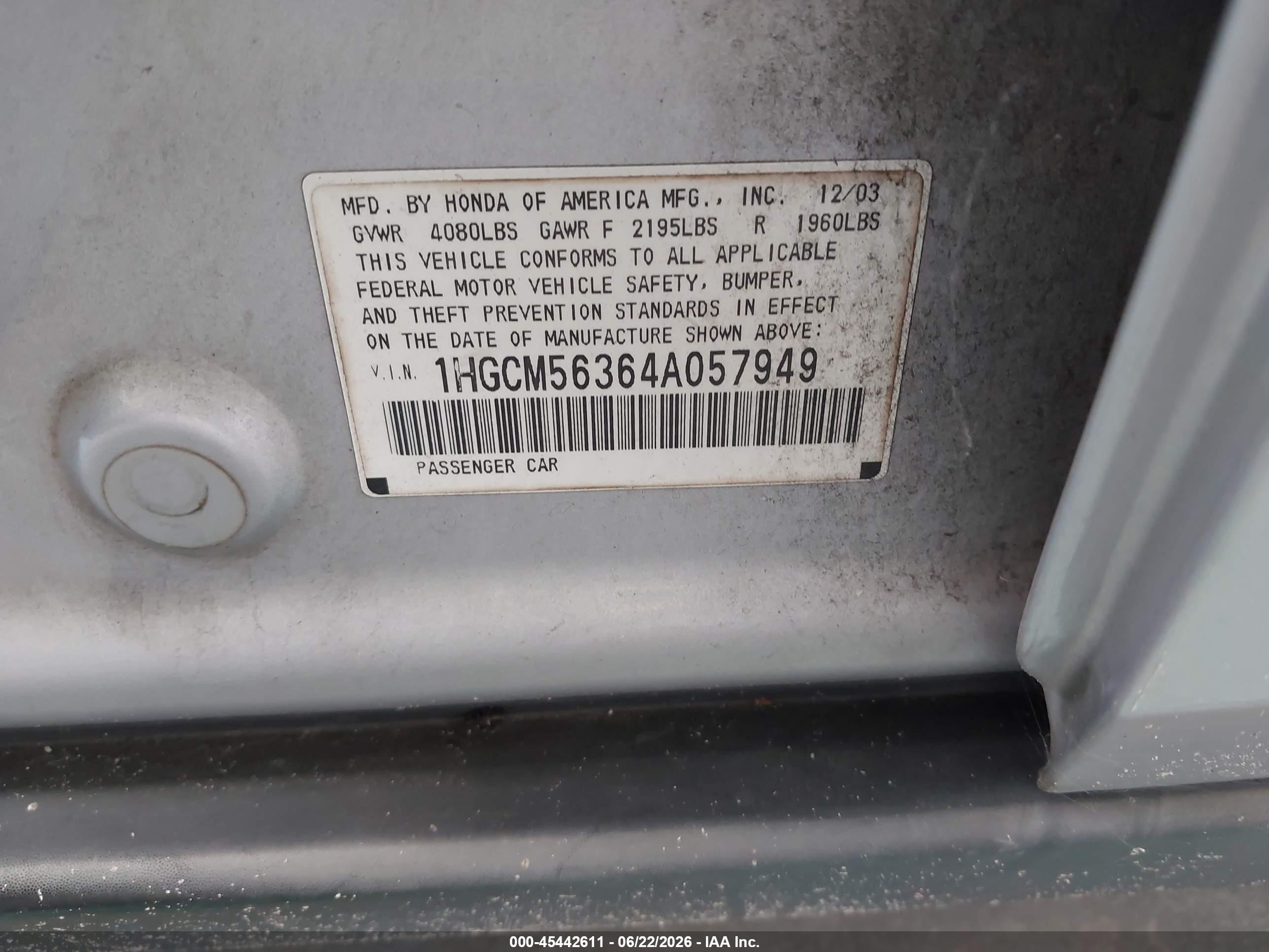 2004 Honda Accord 2.4 Lx Серебряный vin: 1HGCM56364A057949