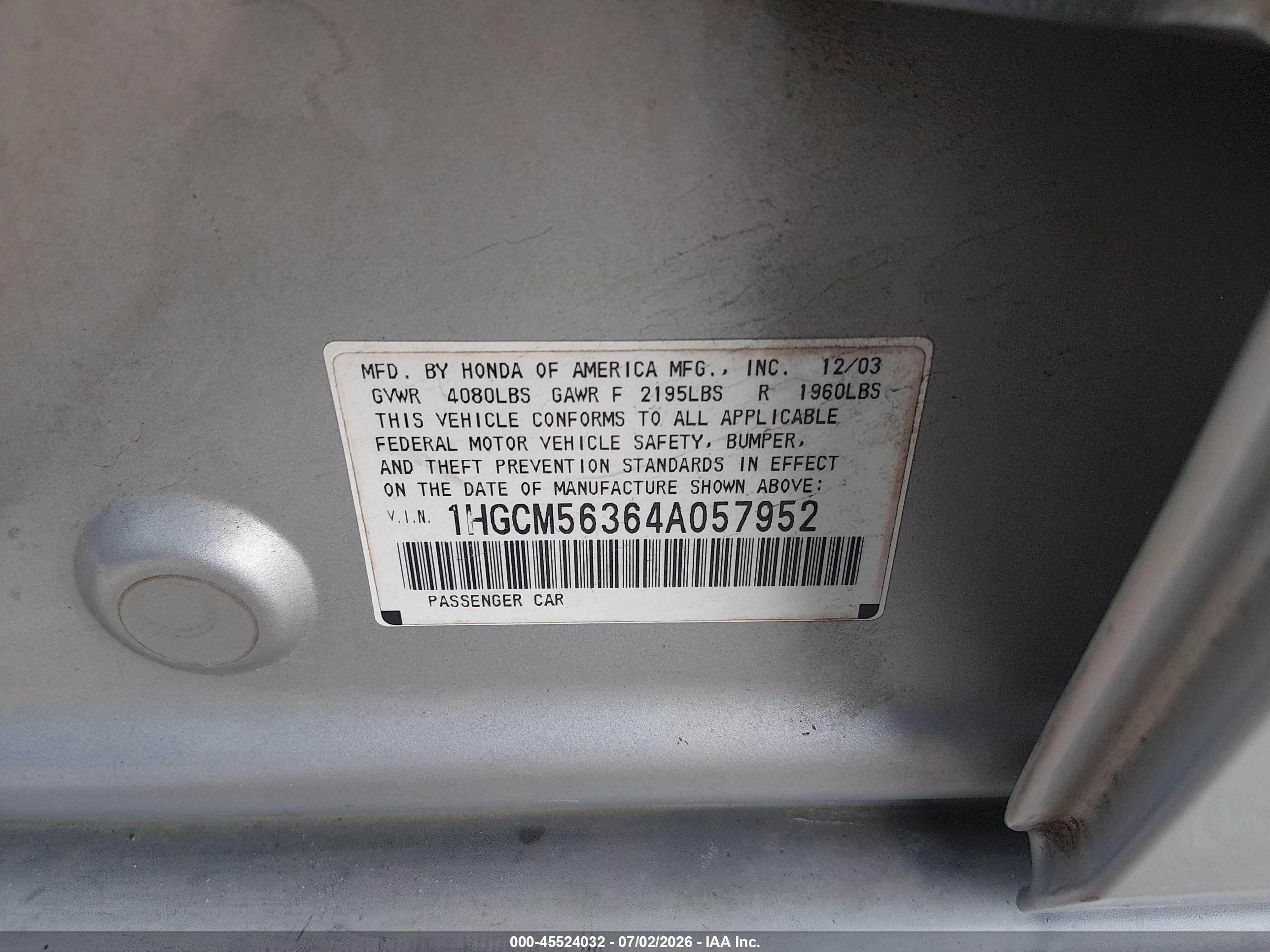 2004 Honda Accord 2.4 Lx Серебряный vin: 1HGCM56364A057952