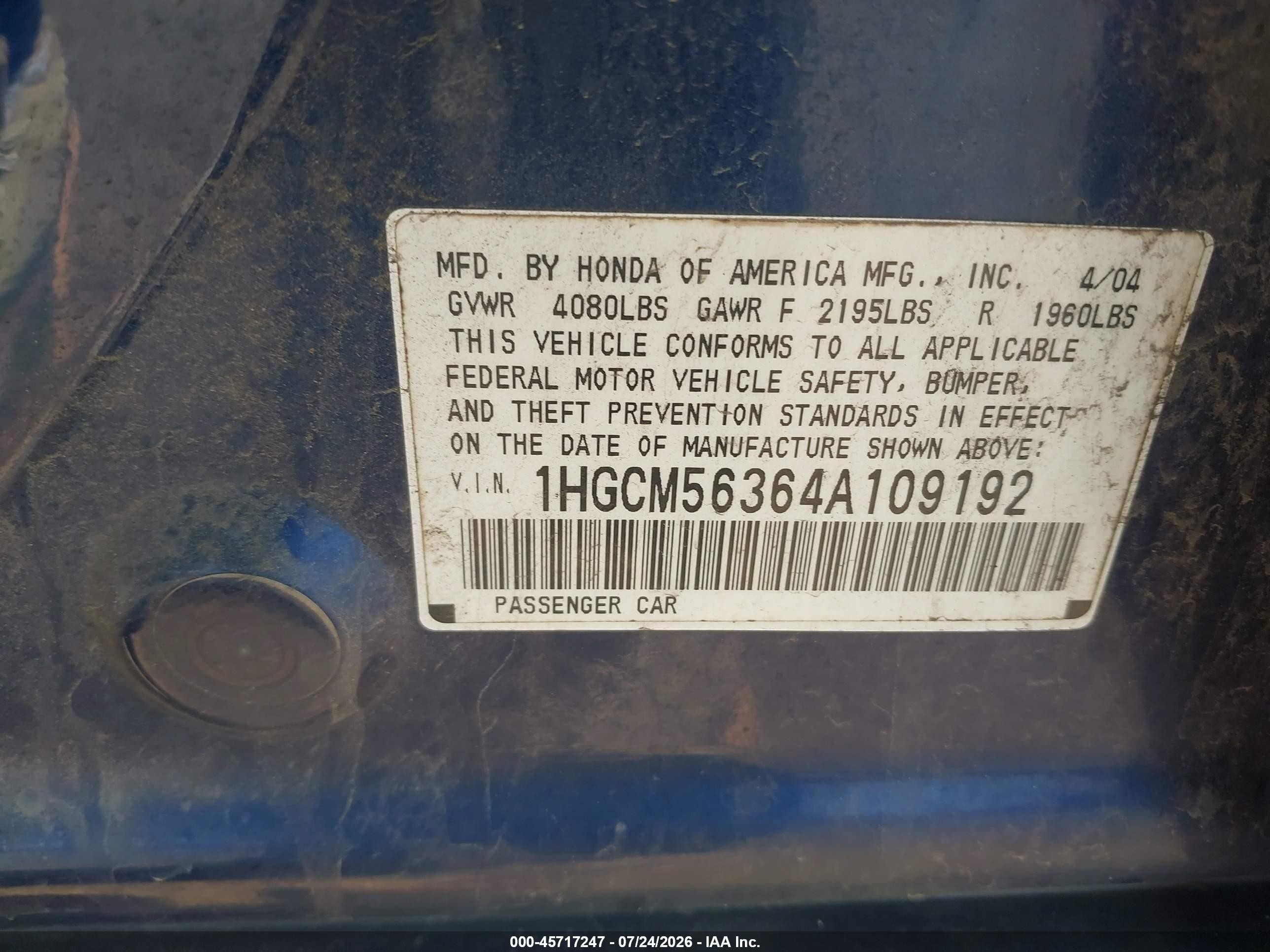 2004 Honda Accord 2.4 Lx Blue vin: 1HGCM56364A109192