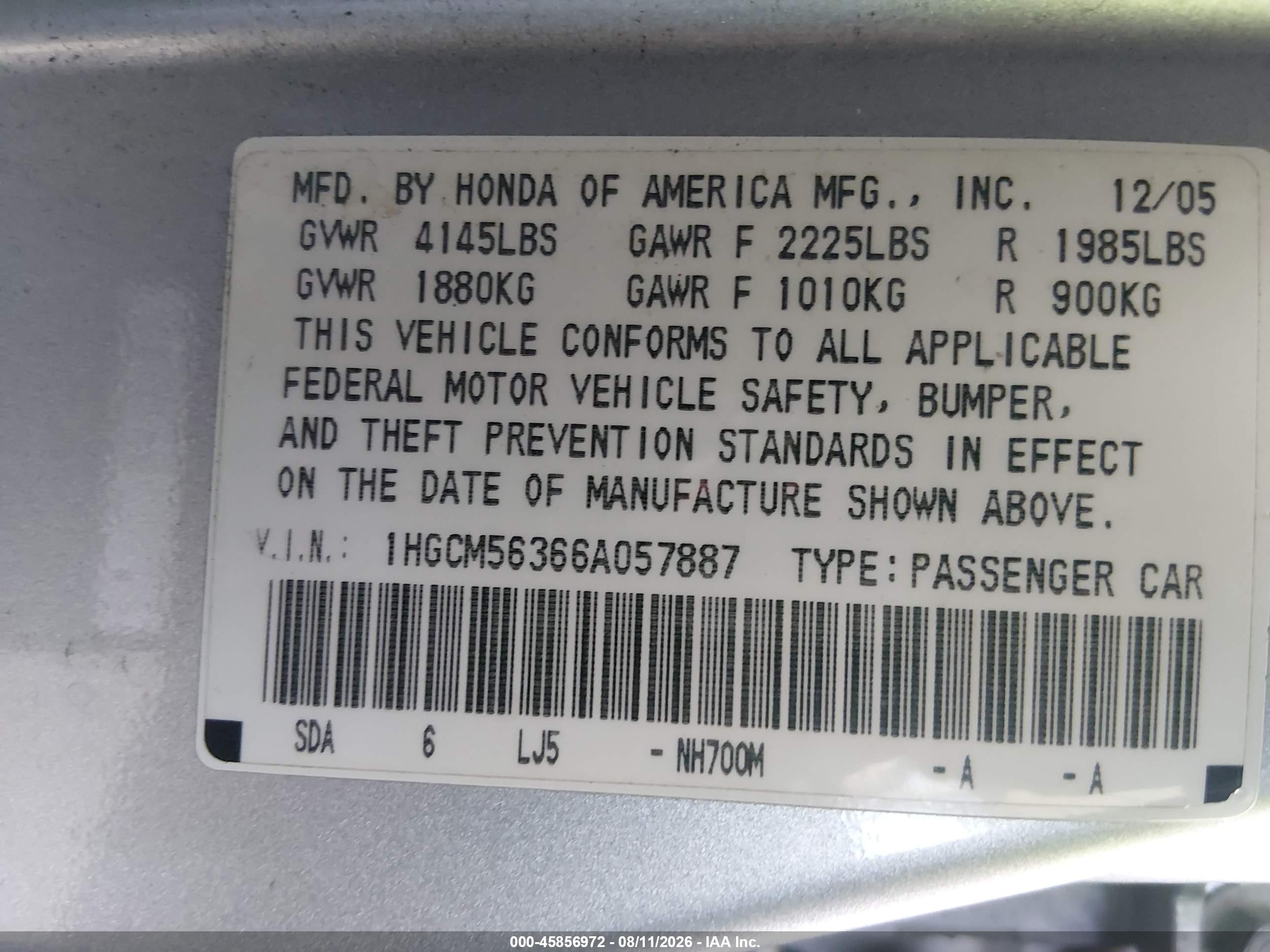 2006 Honda Accord 2.4 Se Silver vin: 1HGCM56366A057887