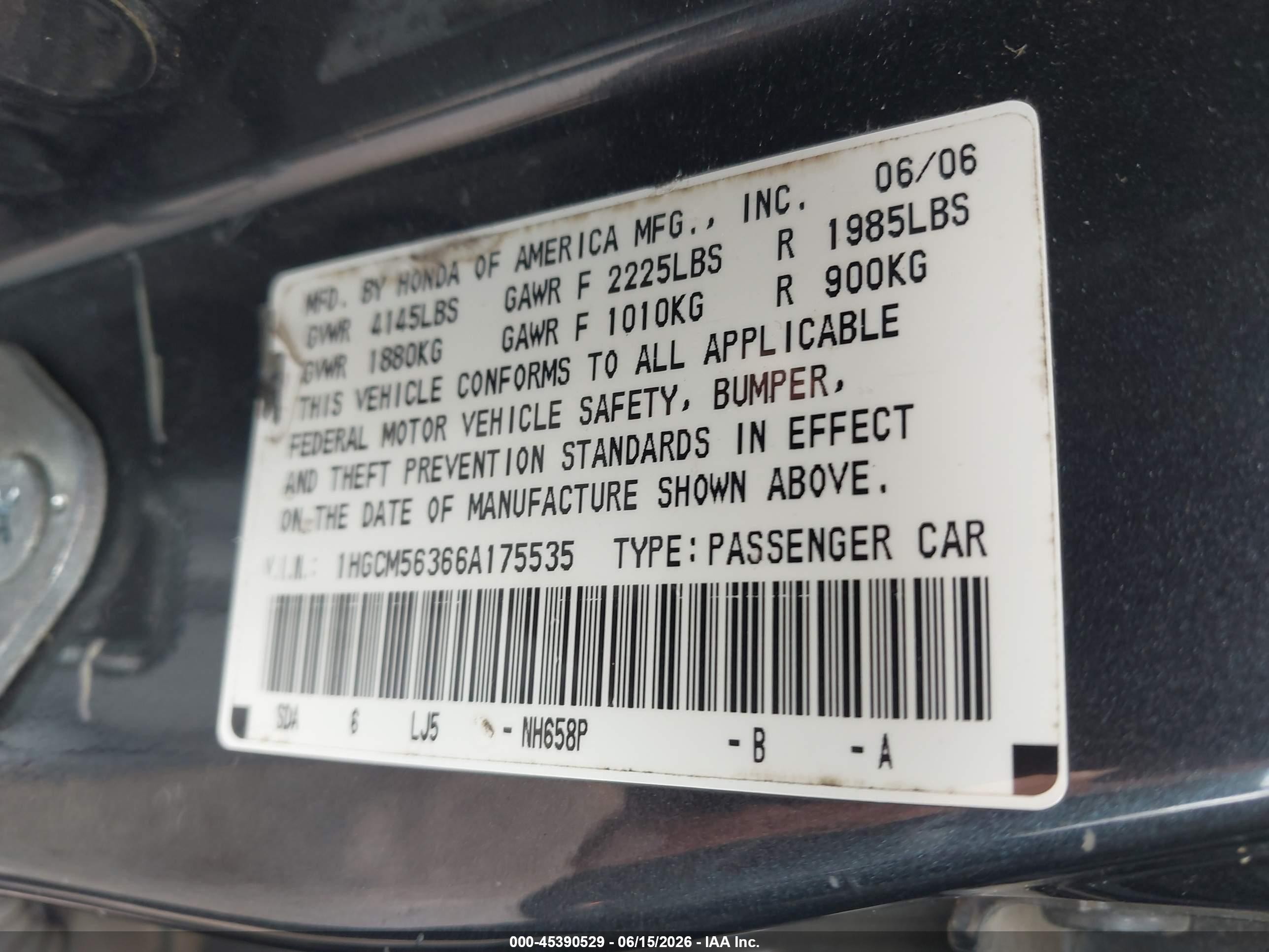 2006 Honda Accord 2.4 Se Серый vin: 1HGCM56366A175535