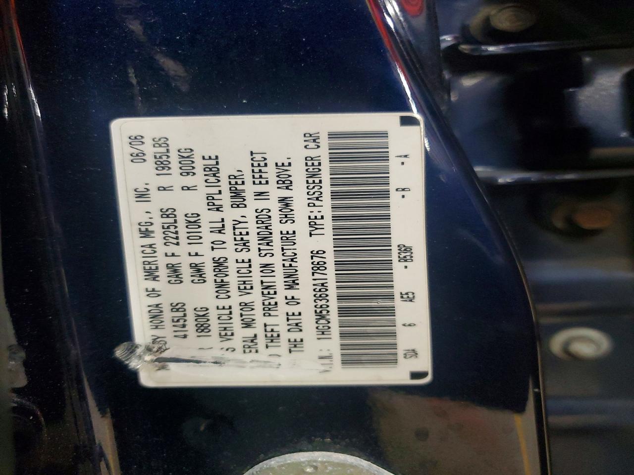 2006 Honda Accord Se Blue vin: 1HGCM56366A178676