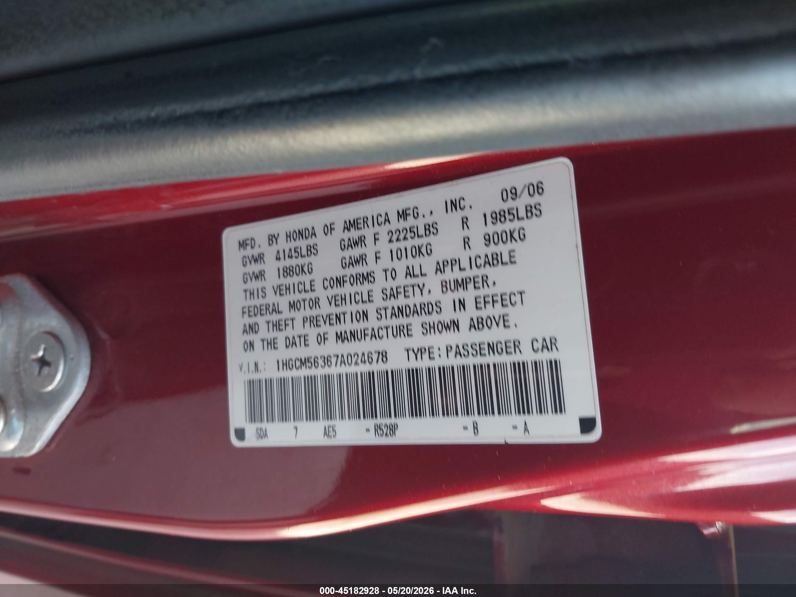 2007 Honda Accord 2.4 Se Red vin: 1HGCM56367A024678