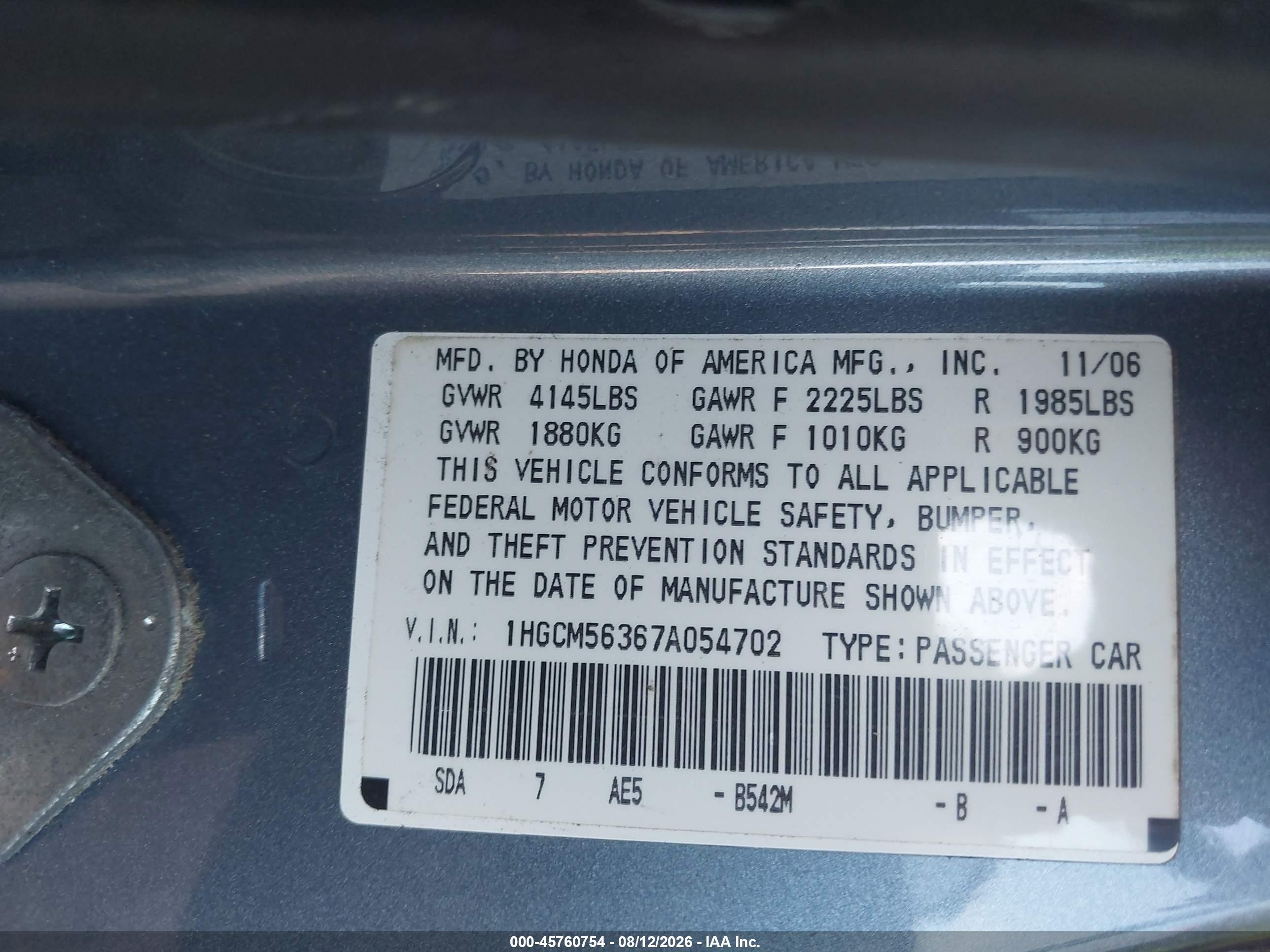 2007 Honda Accord 2.4 Se Blue vin: 1HGCM56367A054702